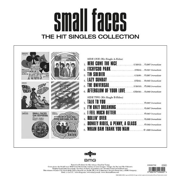 Album-Rückseite. Schwarz-Weiß-Bilder von Bandmitgliedern und Songtiteln. Titel: Small Faces.