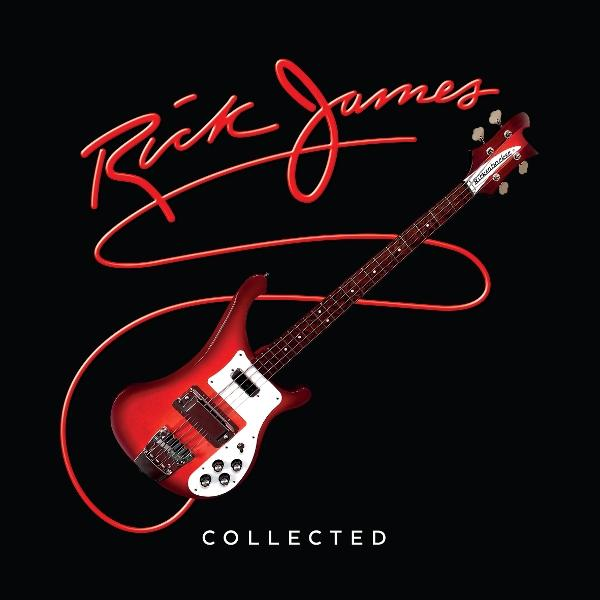 Eine rote Bassgitarre mit dem Namen 'Rick James' in roter Schrift und dem Wort 'COLLECTED'.