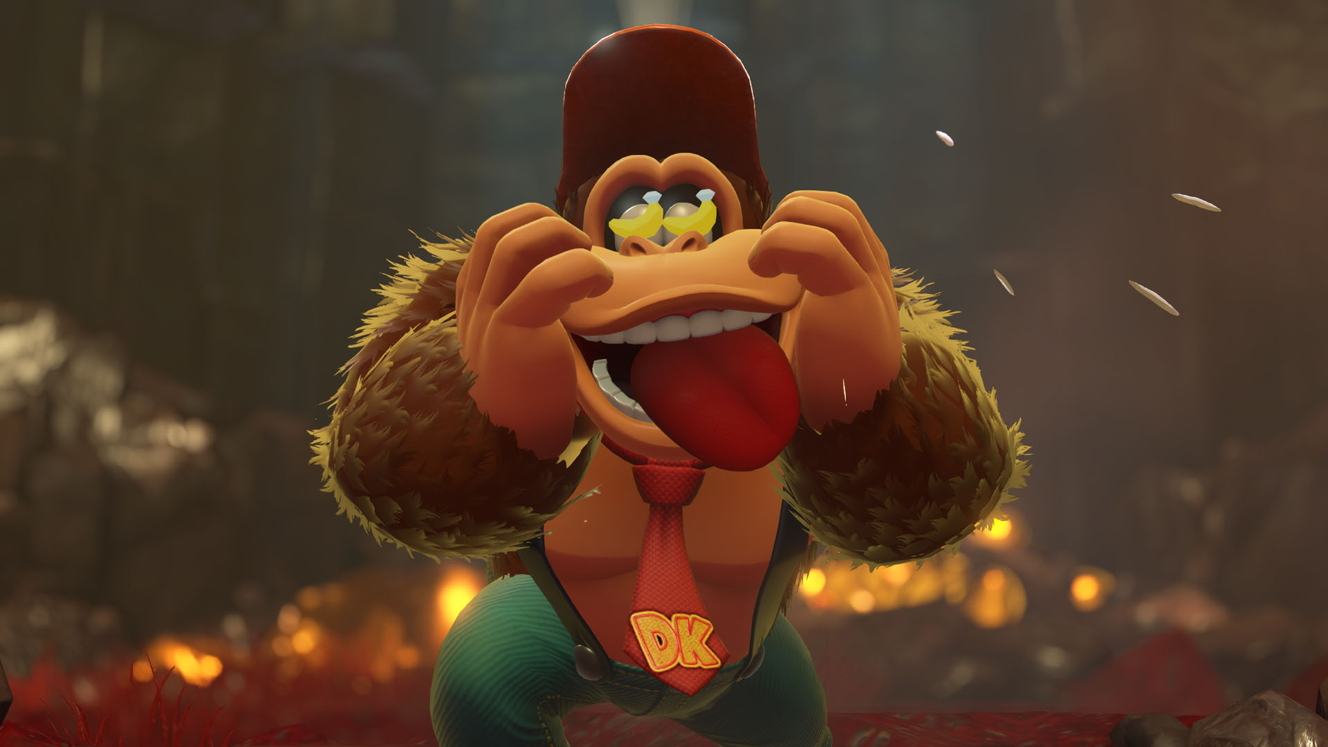 Donkey Kong dili dışarıda, yüzünü tutuyor, oyun sahnesi.