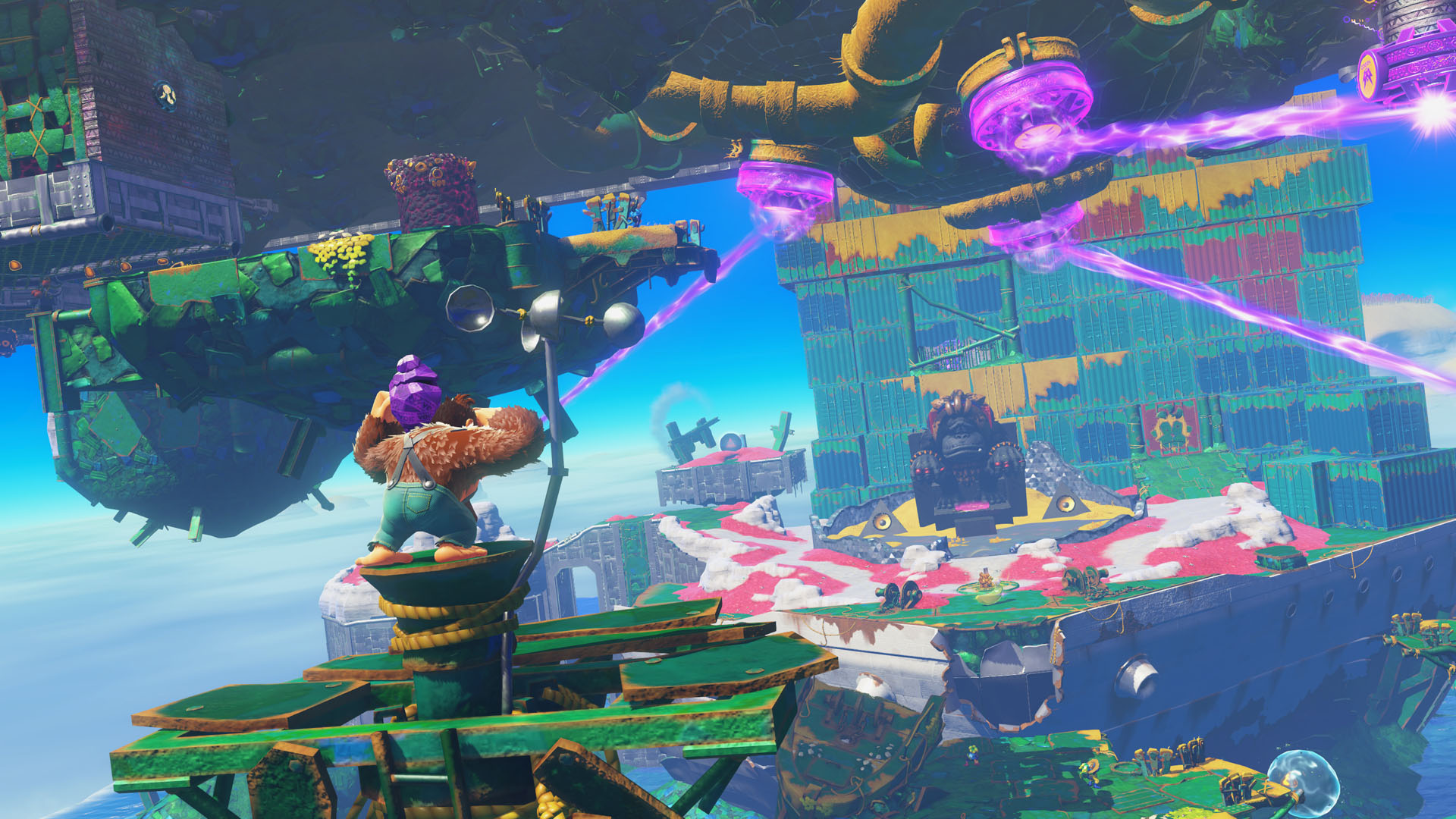 Donkey Kong bir oyun sahnesinde, kravat takıyor, yukarı bakıyor, arka plan.