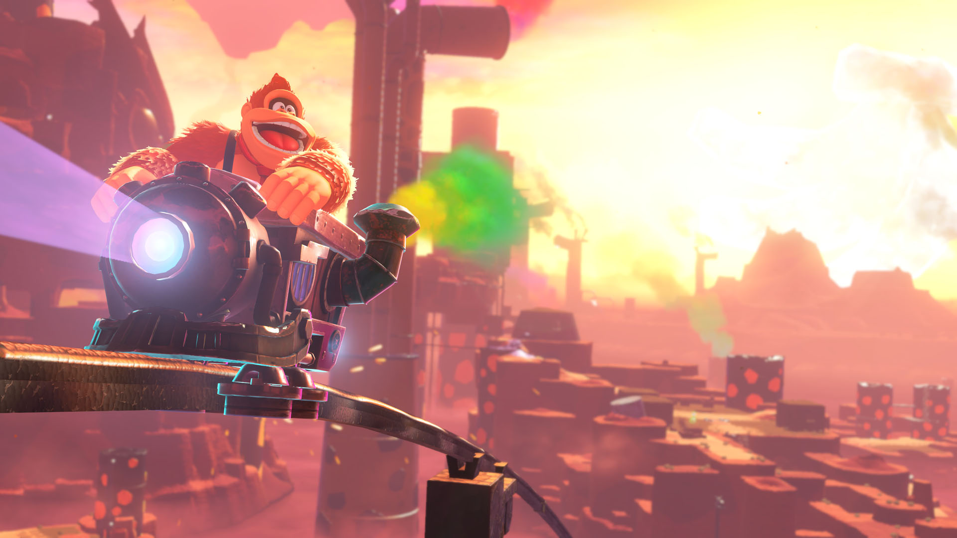 Donkey Kong, patlamalar ve gün batımı ile renkli, çizgi film tarzı bir sahnede bir araç kullanıyor.