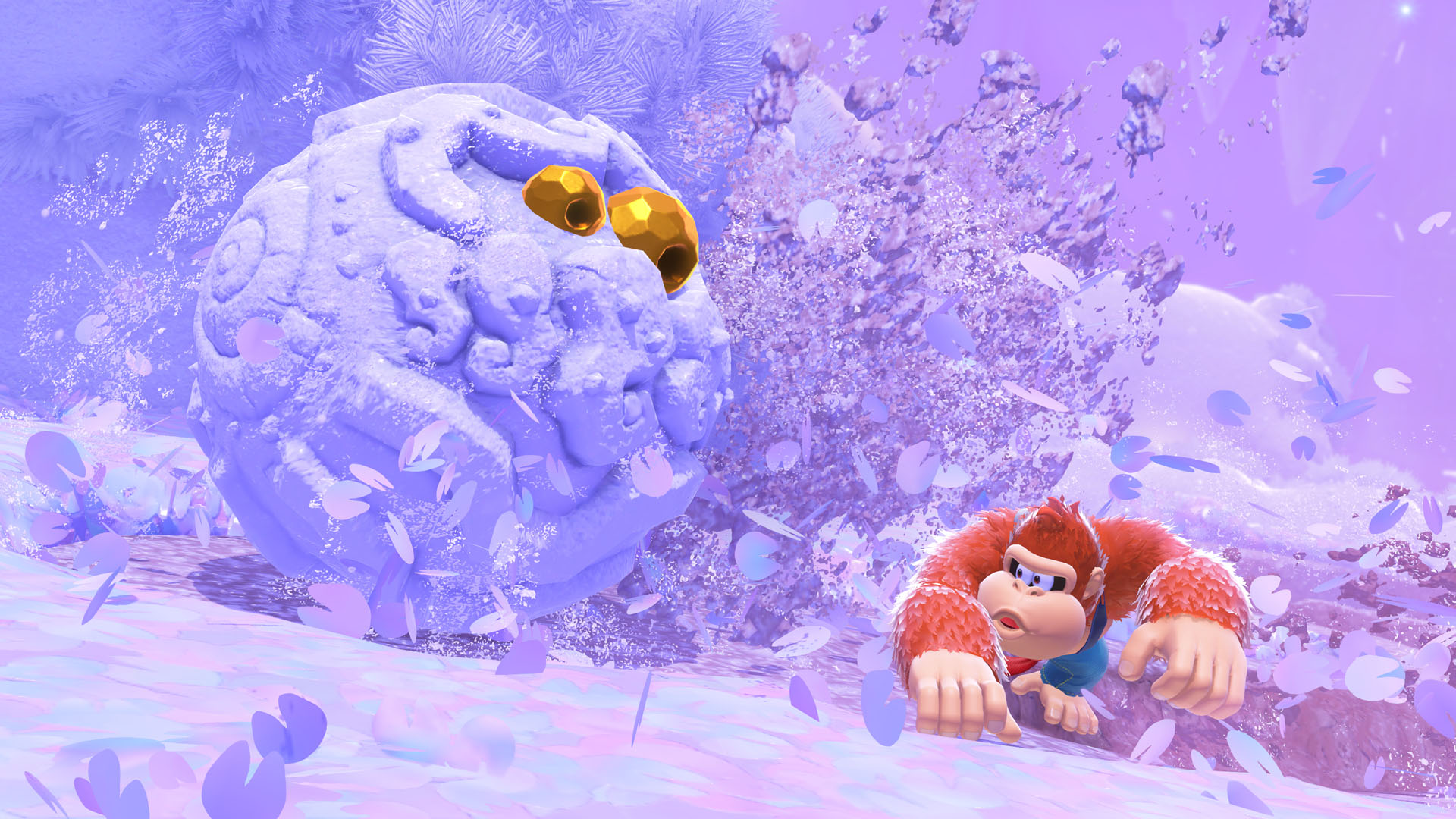Donkey Kong karlı bir alanda, büyük, yuvarlak bir yaratıkla.