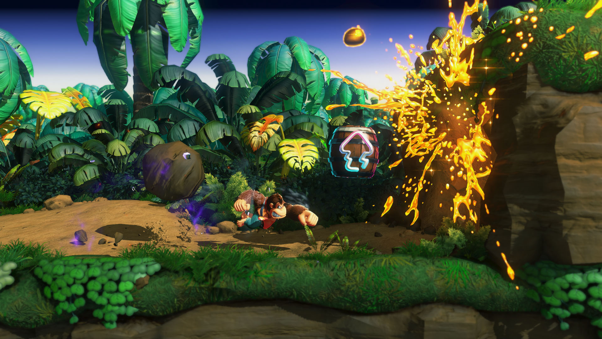 Donkey Kong oyun sahnesi. DK koşuyor ve su ahşap bir işaretle sıçrıyor.