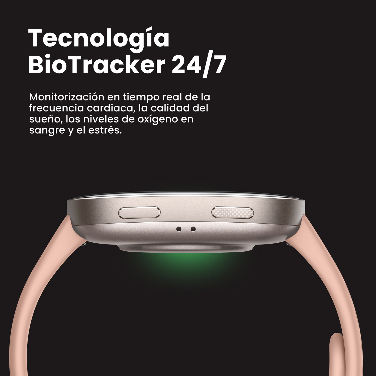 Primer plano de un reloj inteligente con correa rosa claro, texto superpuesto en la parte superior.