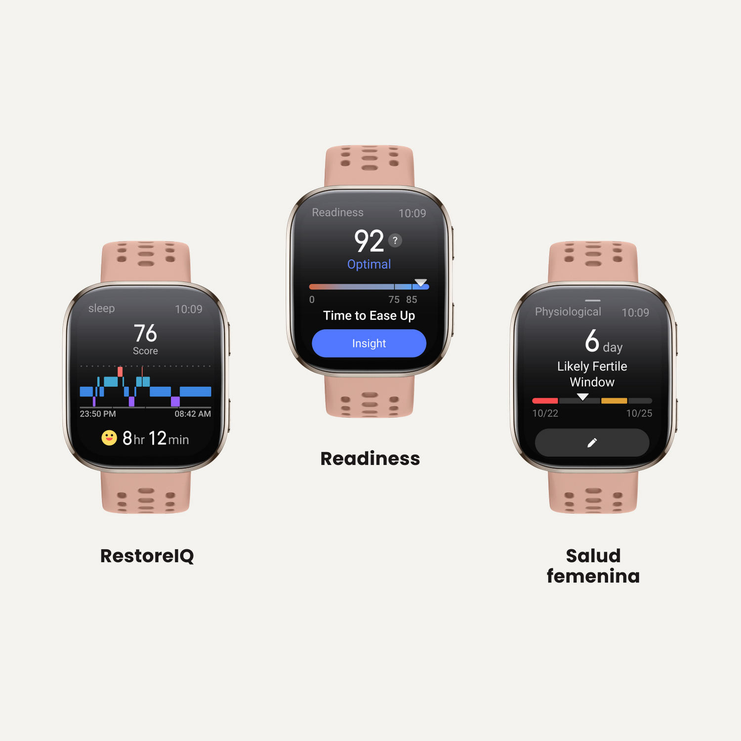 Tres smartwatches mostrando métricas de salud: puntuación de sueño, preparación y ventana fértil probable.