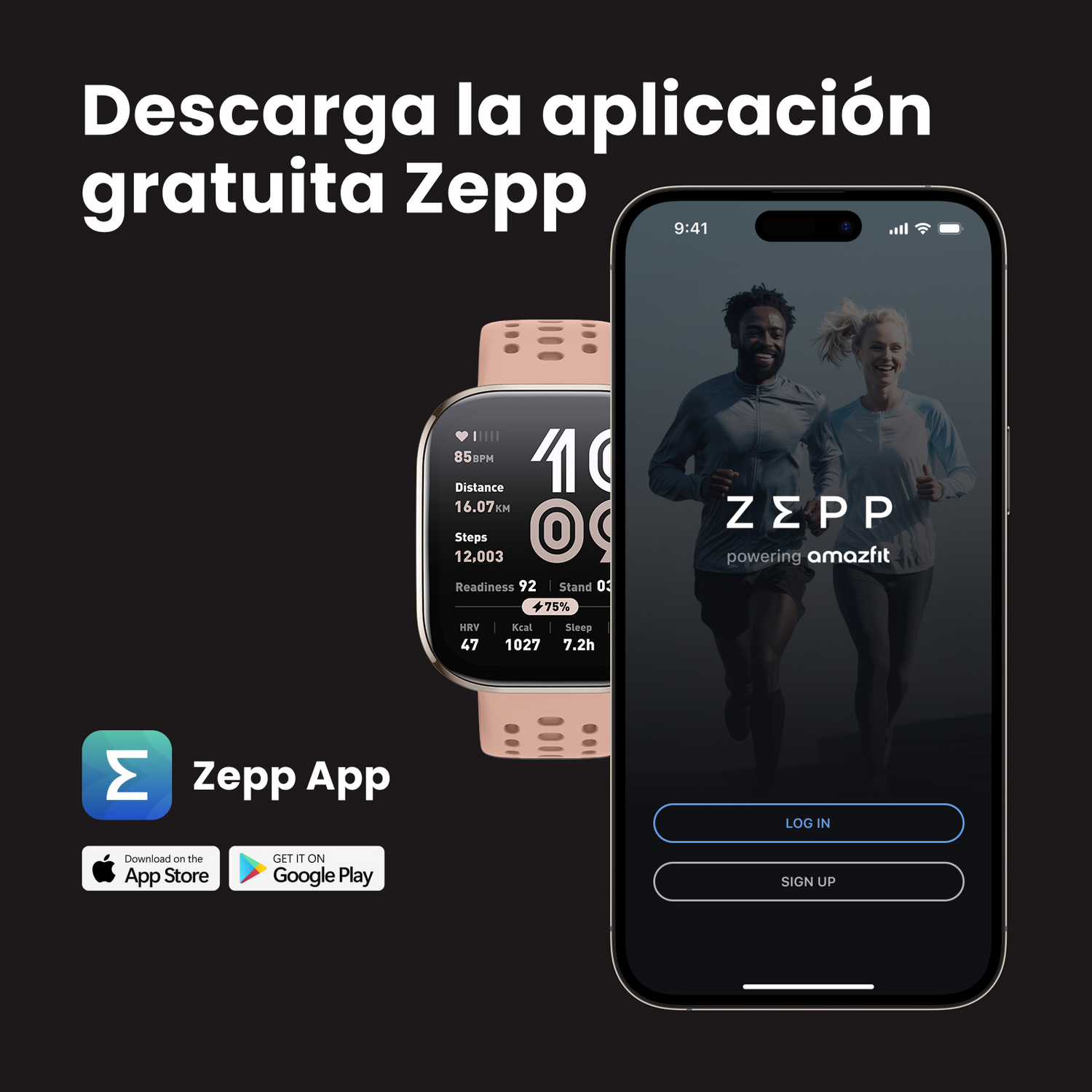 Pantalla de teléfono con la app Zepp y datos de fitness. Un reloj al lado. Fondo negro.