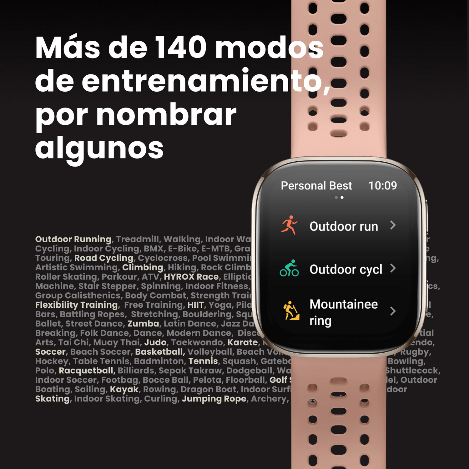 Reloj de pulsera con modos de entrenamiento mostrados. Texto en español.