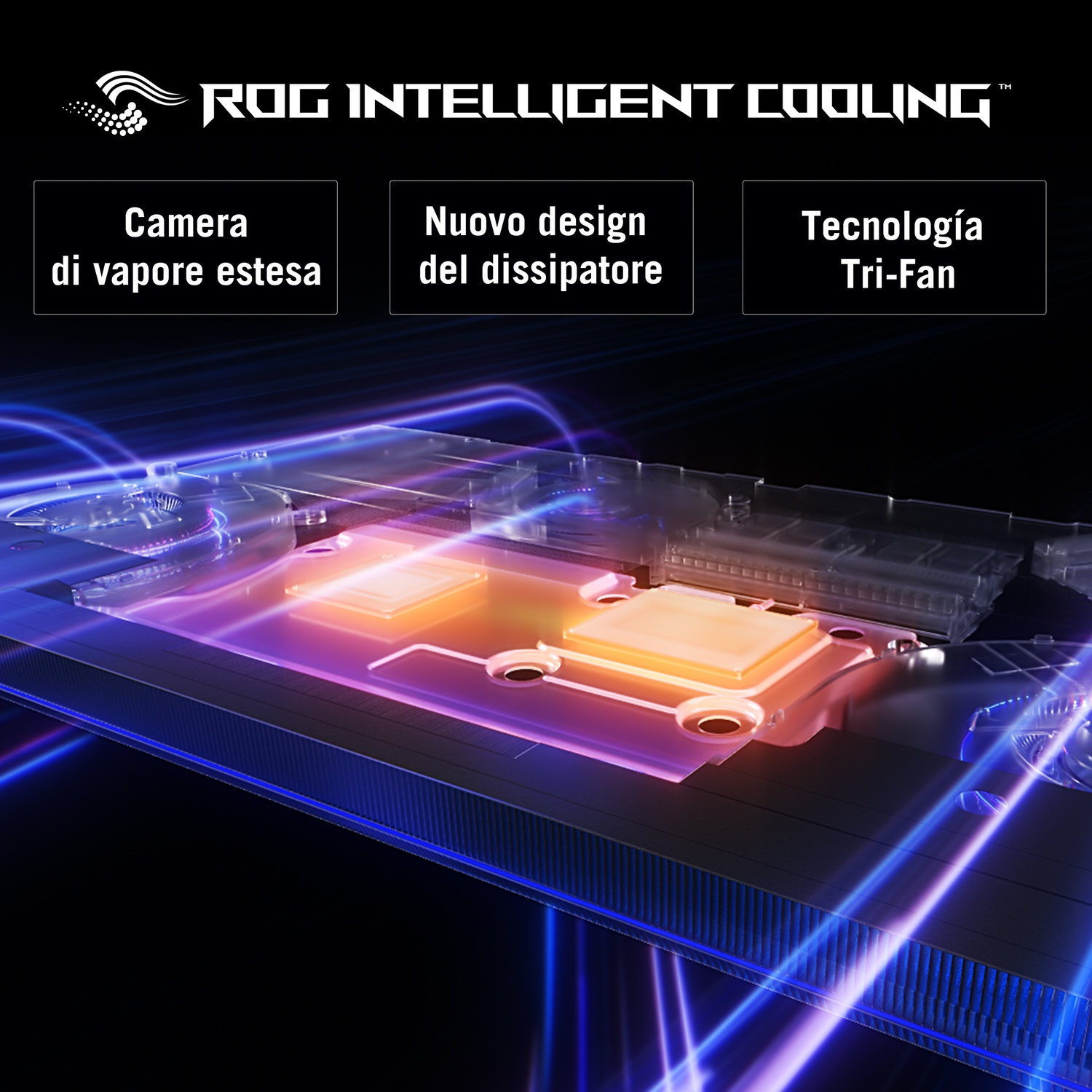Diagramma di un componente del computer con elementi arancioni e viola, scie di luce blu.