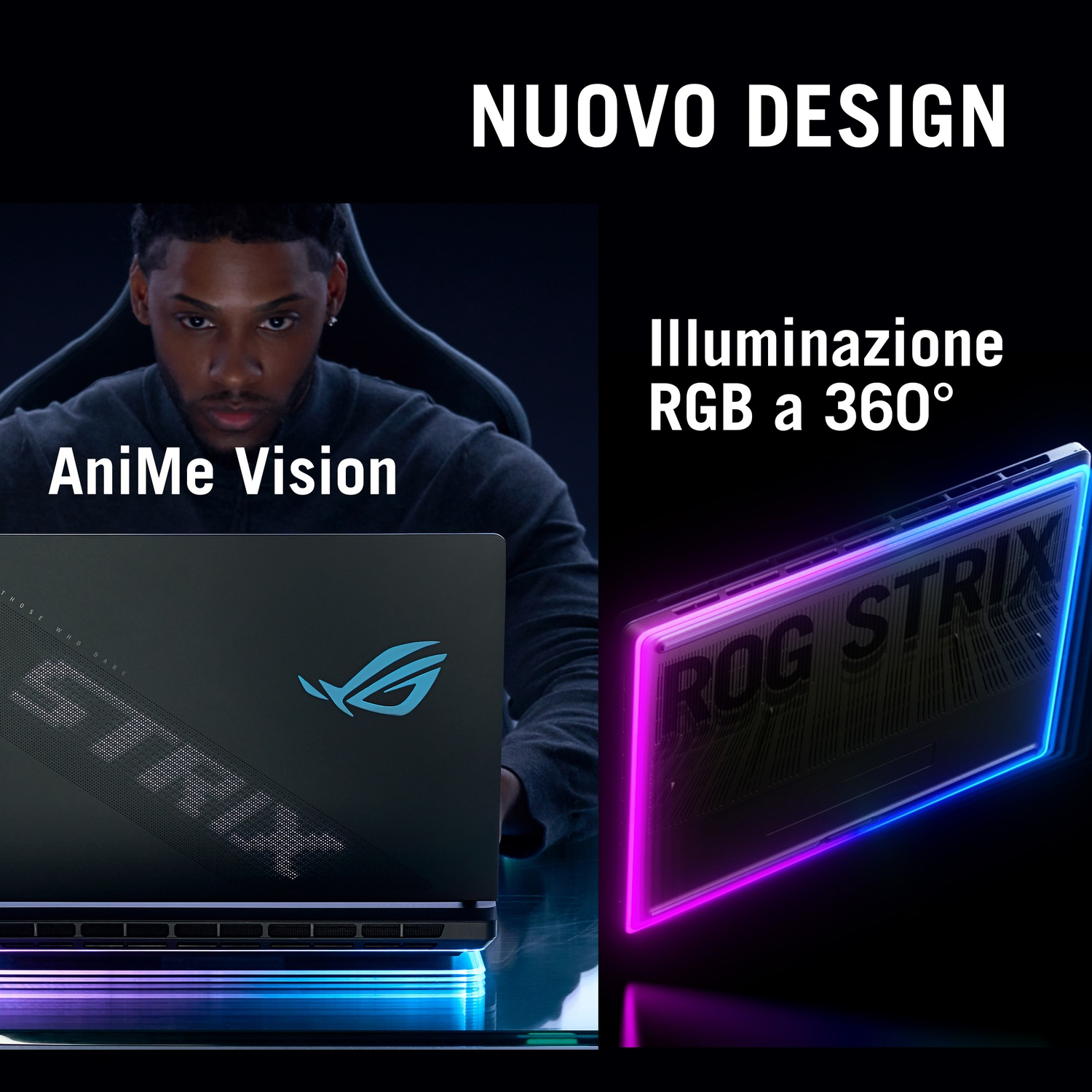 Laptop con Anime Vision e illuminazione RGB. Un uomo usa il laptop e il logo ROG Strix è visibile.