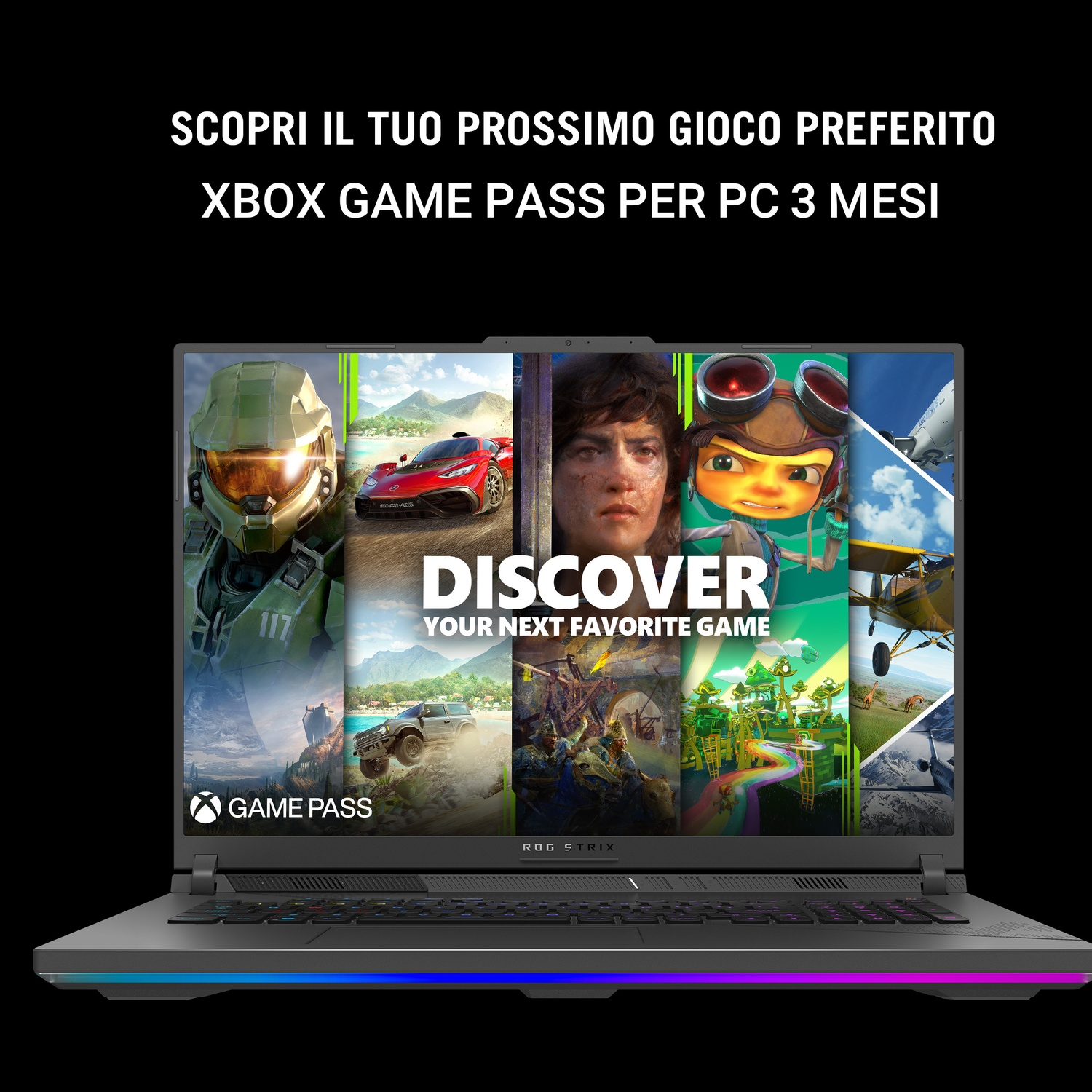 Schermo del laptop che mostra varie copertine di giochi con il testo 'Scopri il tuo prossimo gioco preferito'.