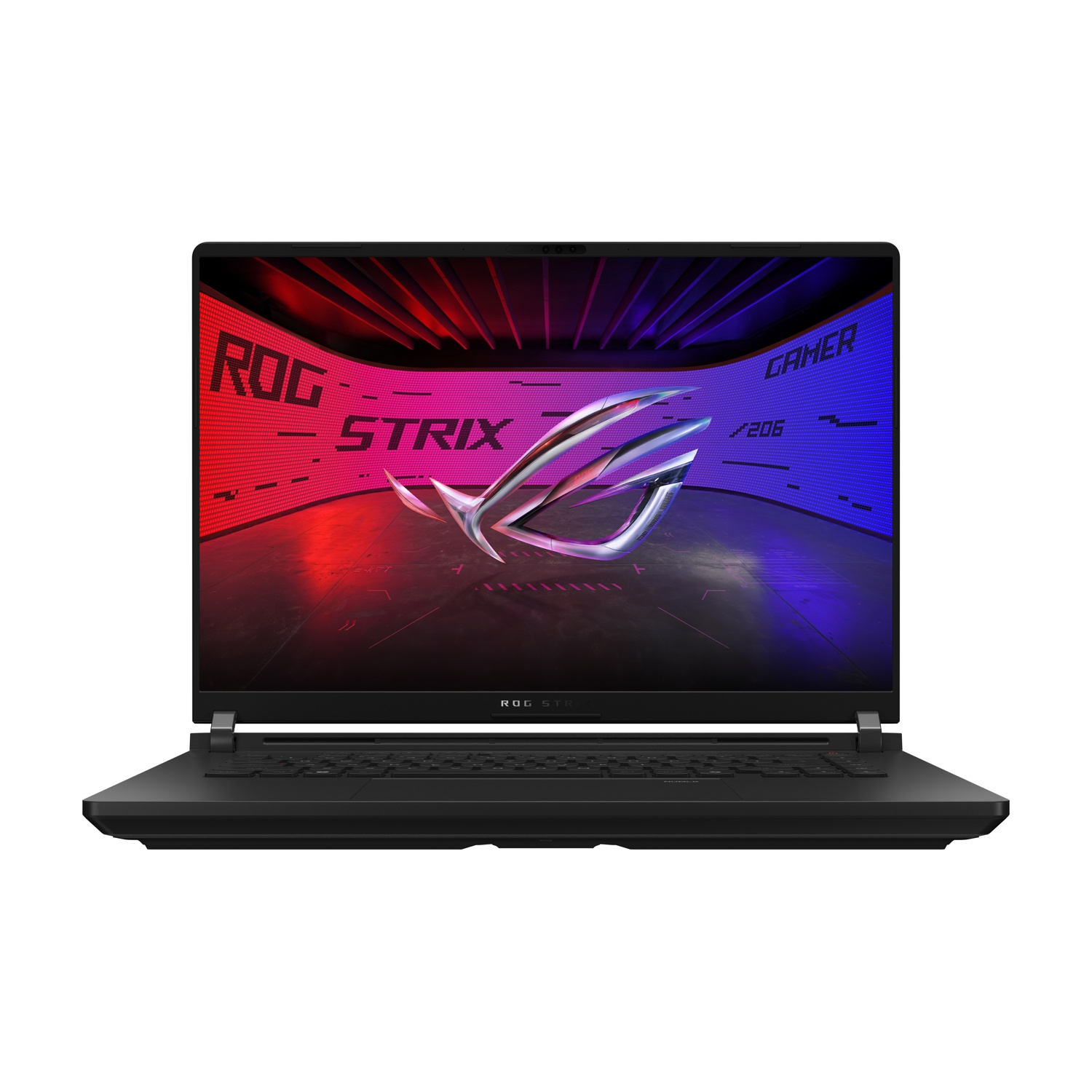 Laptop nero con schermo aperto, display colorato. Logo ROG Strix visibile.