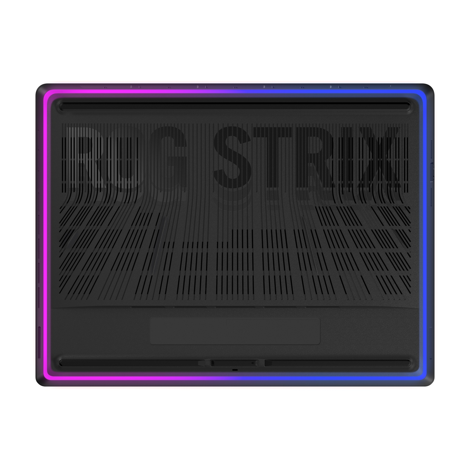 Vista inferiore di un laptop nero con illuminazione RGB sui bordi e ventilazione.
