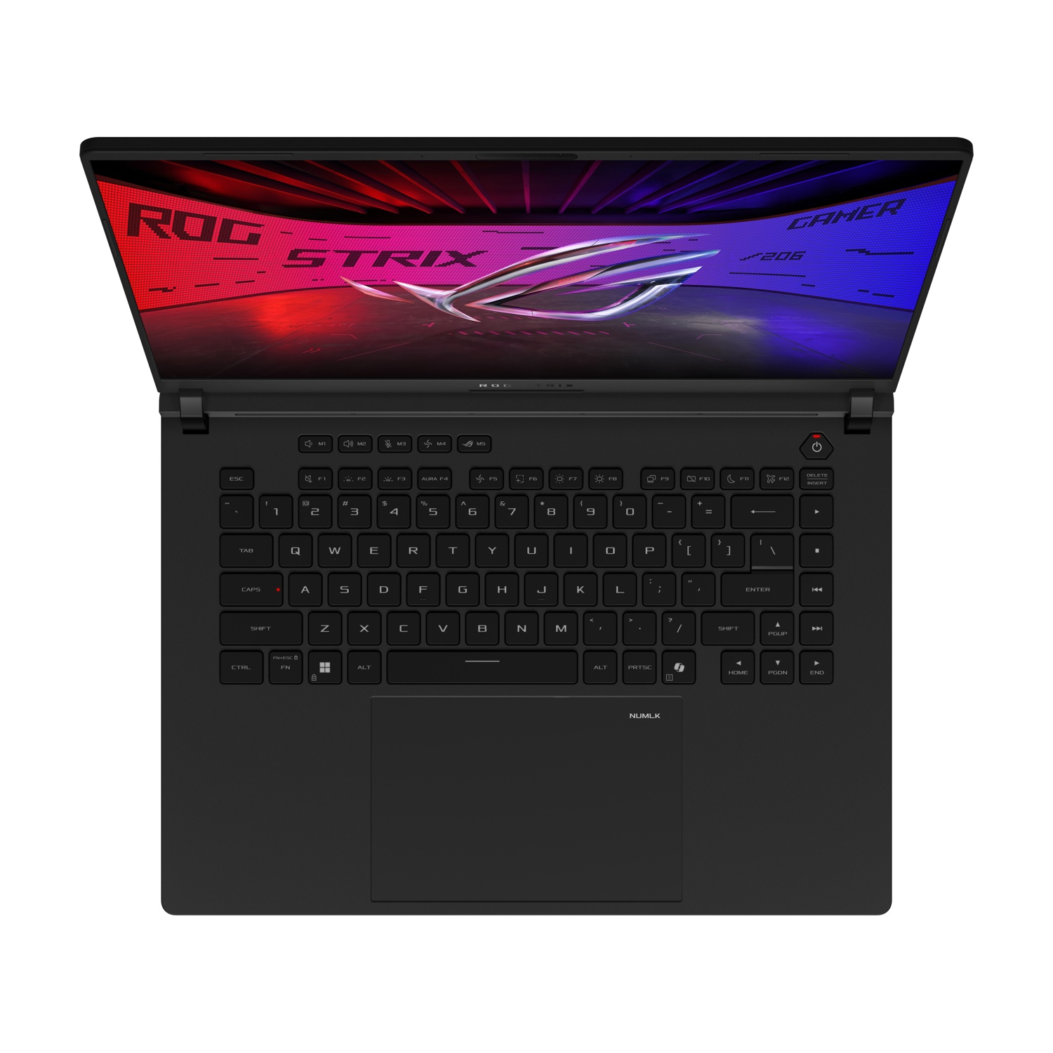 Laptop nero, aperto, con tastiera e schermo. Il logo ROG Strix è sullo schermo. Su una superficie bianca.