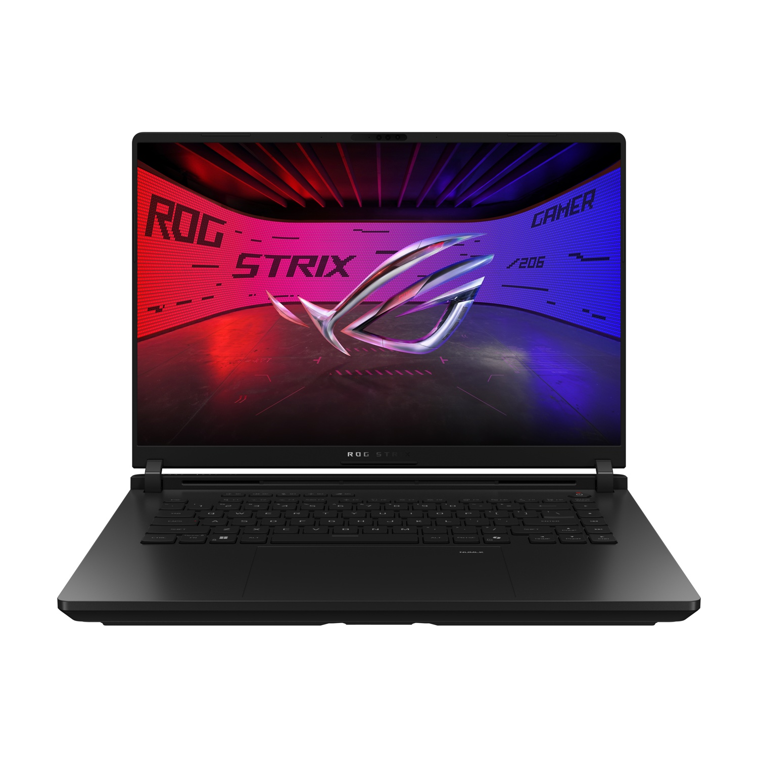 Un laptop nero con schermo illuminato che mostra un logo ROG, su una superficie nera. Tastiera visibile.