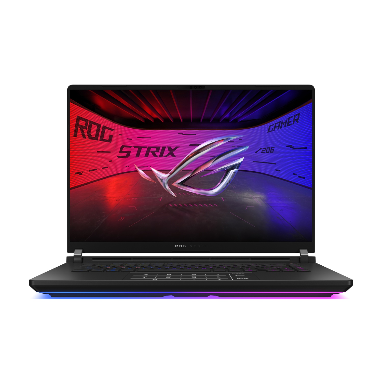 Un laptop nero con tastiera illuminata a colori, il logo ROG Strix e uno sfondo nero.