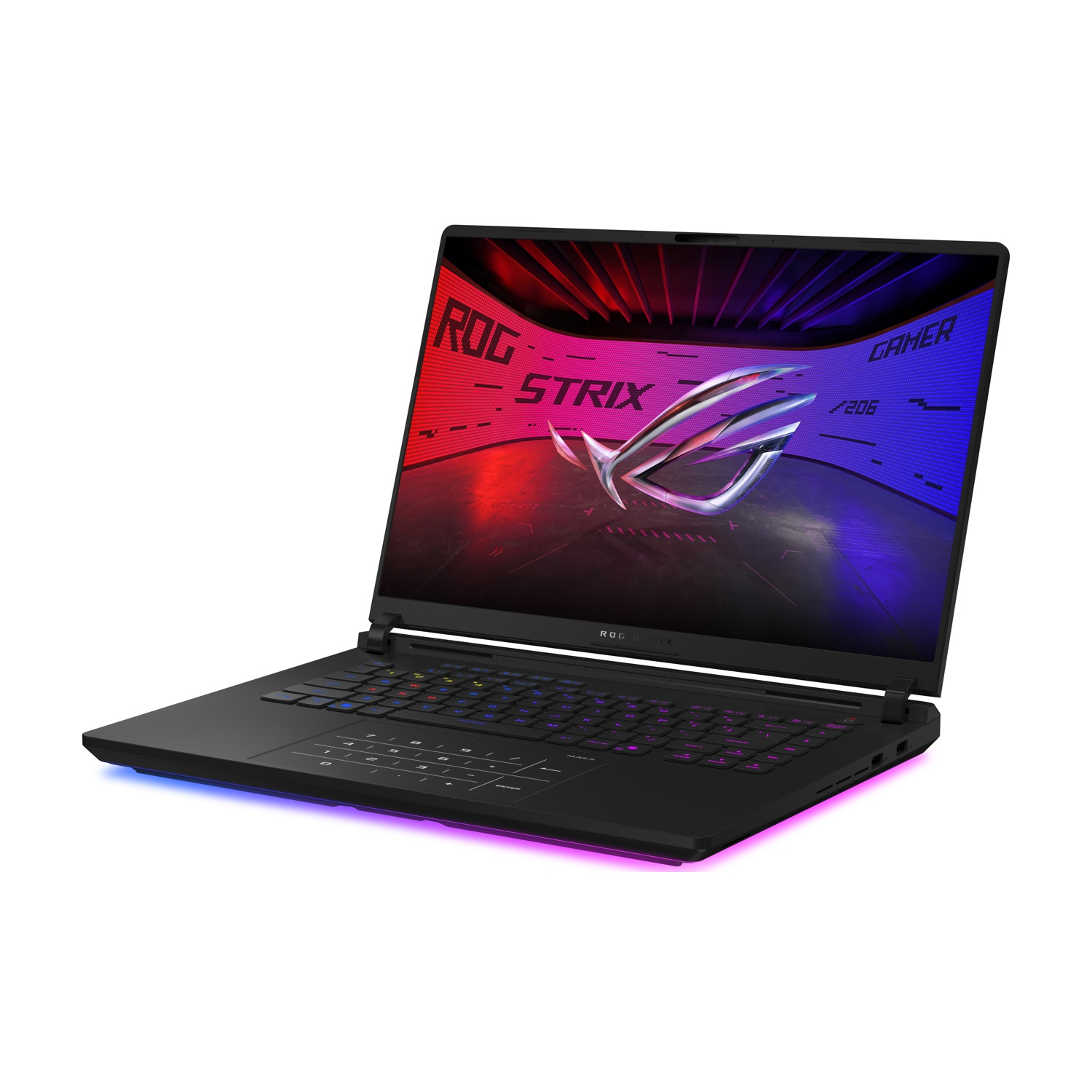 Laptop nero con schermo che mostra il logo ROG Strix e luci colorate. Lo sfondo è bianco.