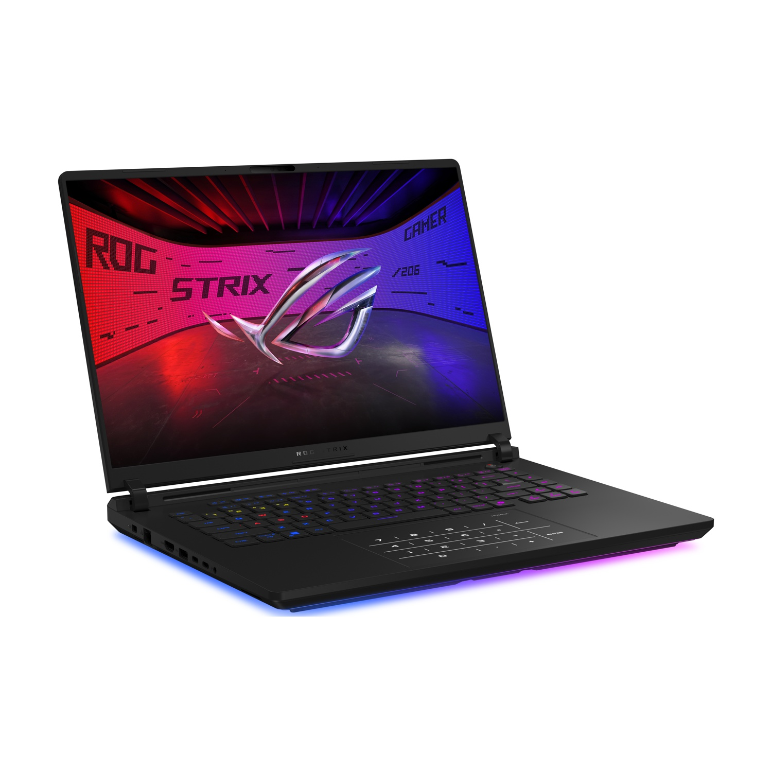 Laptop nero, aperto, mostra il logo ROG Strix sullo schermo, su sfondo bianco, vista angolata.