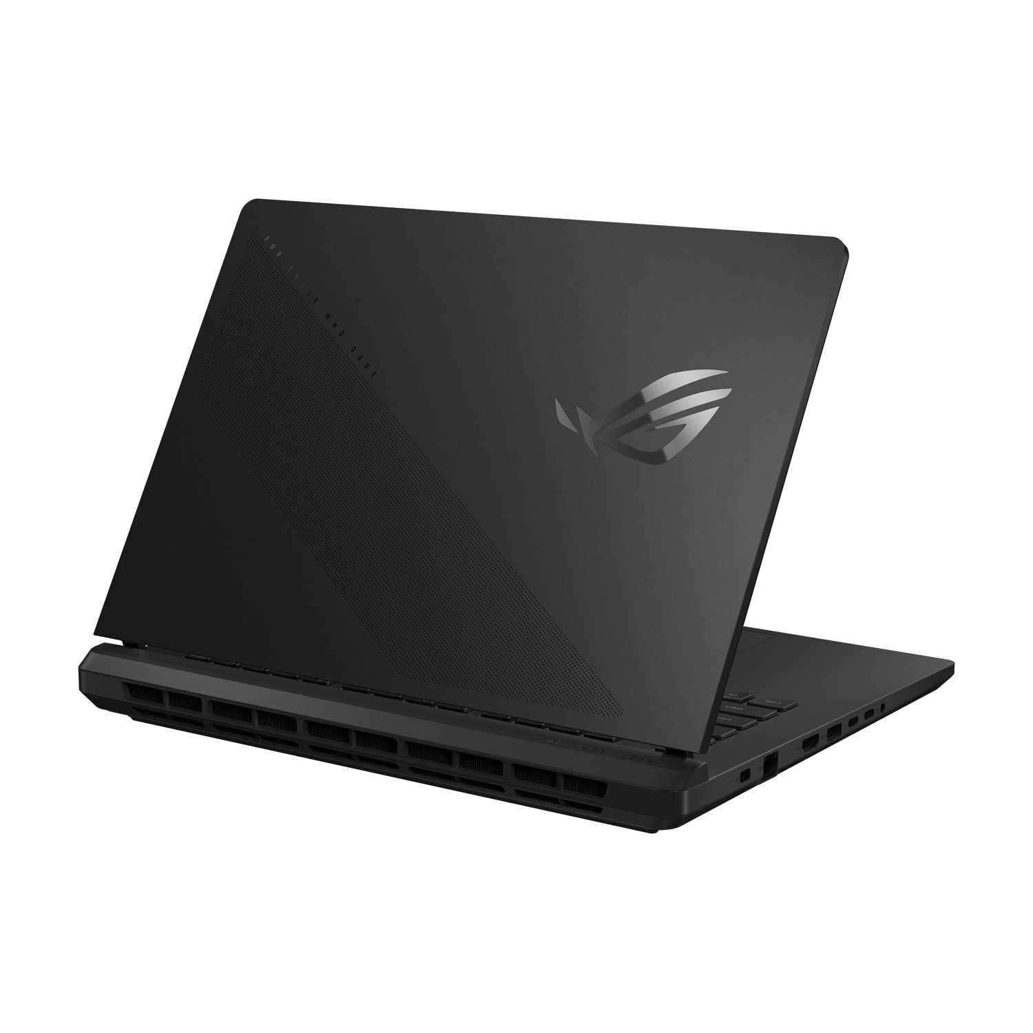 Vista posteriore di un laptop nero, mostra il logo ROG e i dettagli del design sul coperchio.