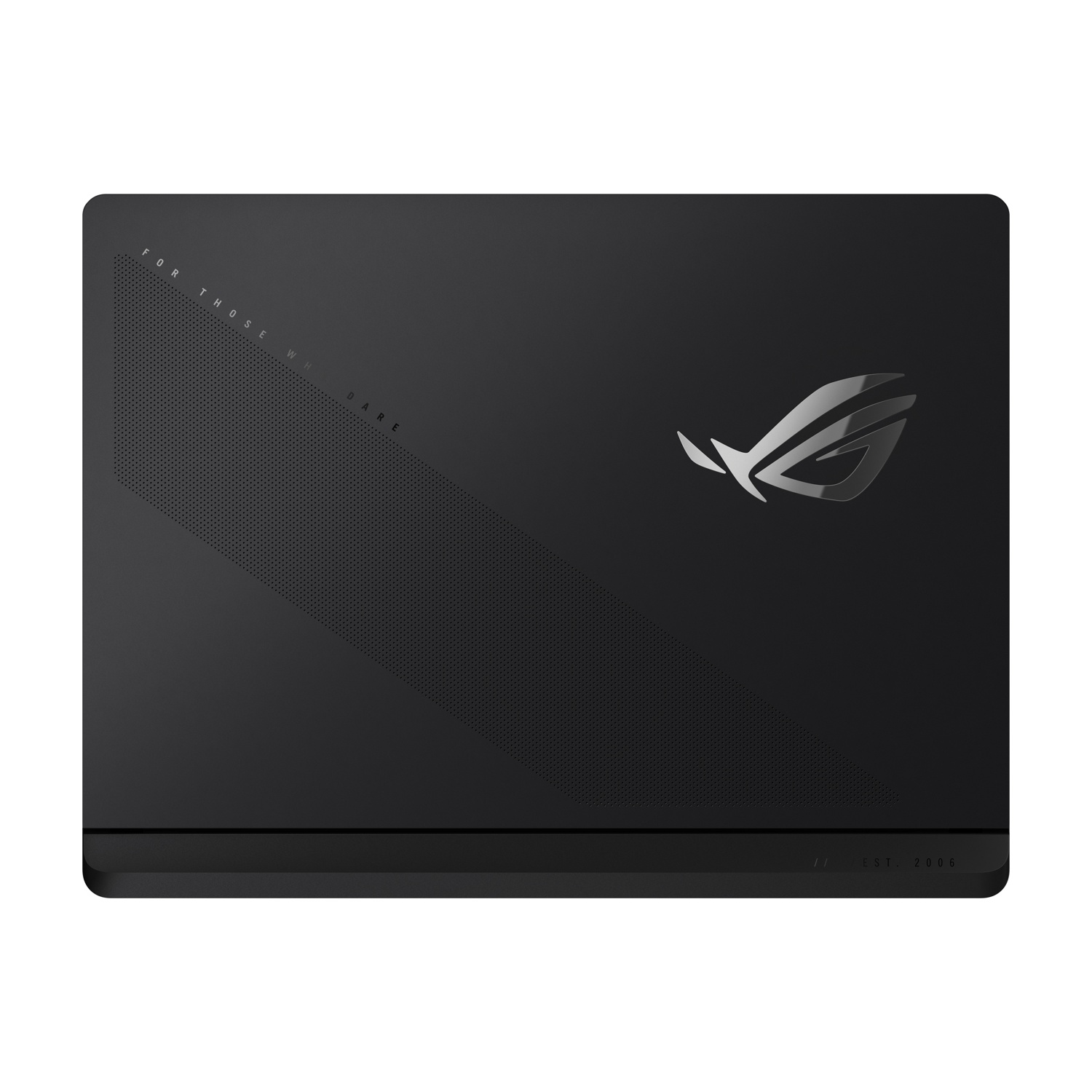 Il retro di un laptop nero con il logo ROG e il testo 'FOR THOSE WHO DARE'.