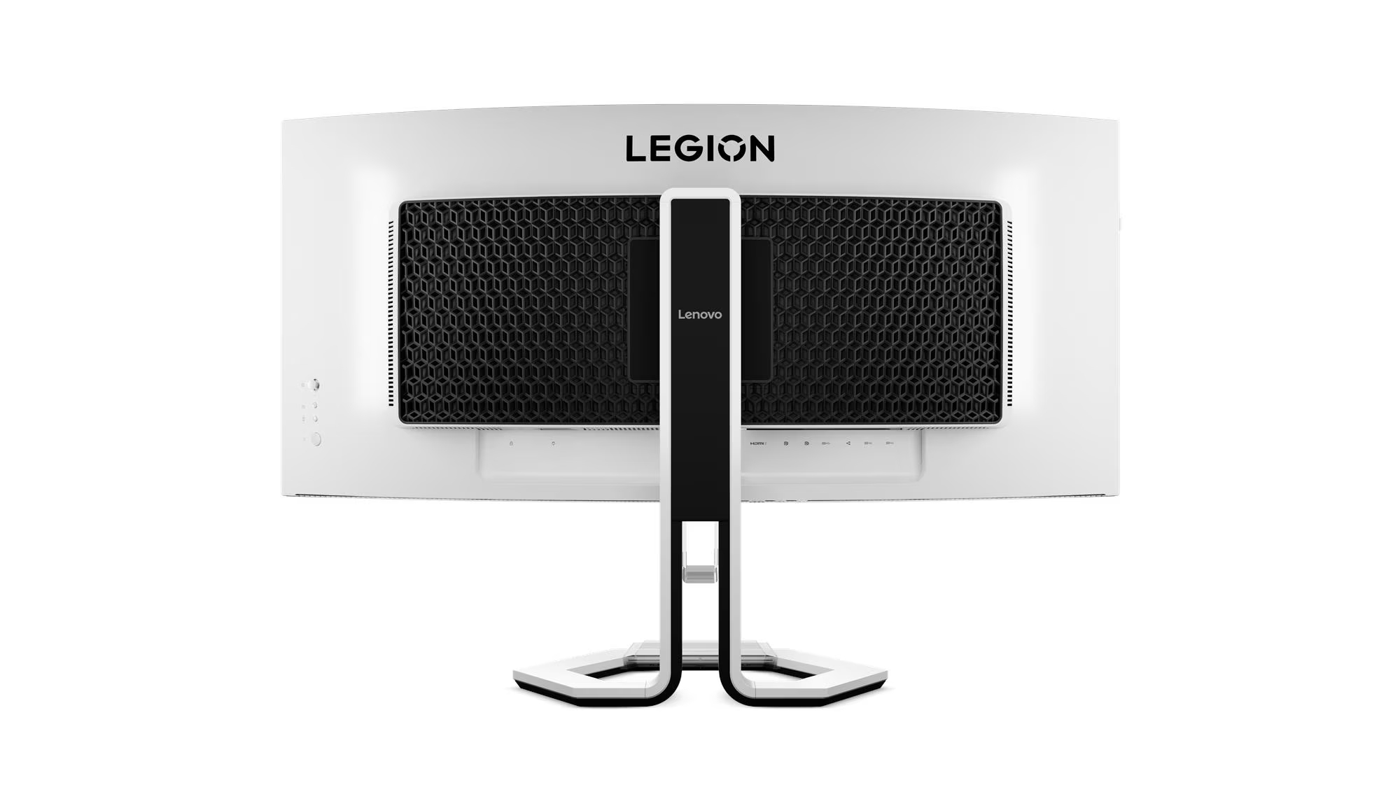 Üstünde LEGION yazan ve siyah detayları olan beyaz, kavisli bir monitörün arka görünümü. Arka plan beyaz.