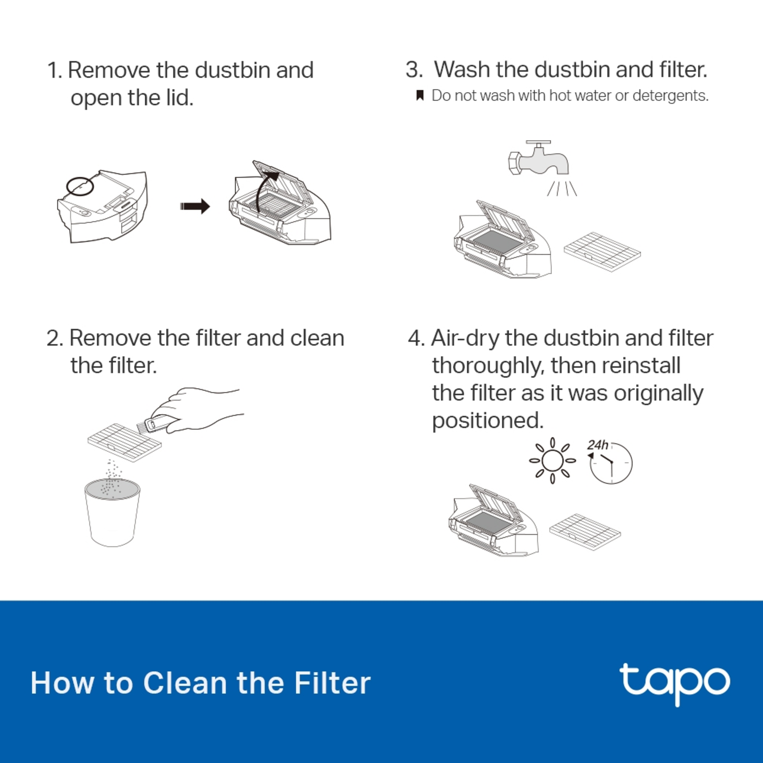 Instructies voor het reinigen van het filter van een robotstofzuiger. Verwijder de stofbak en het filter, reinig het filter en laat het aan de lucht drogen voordat u het opnieuw installeert.