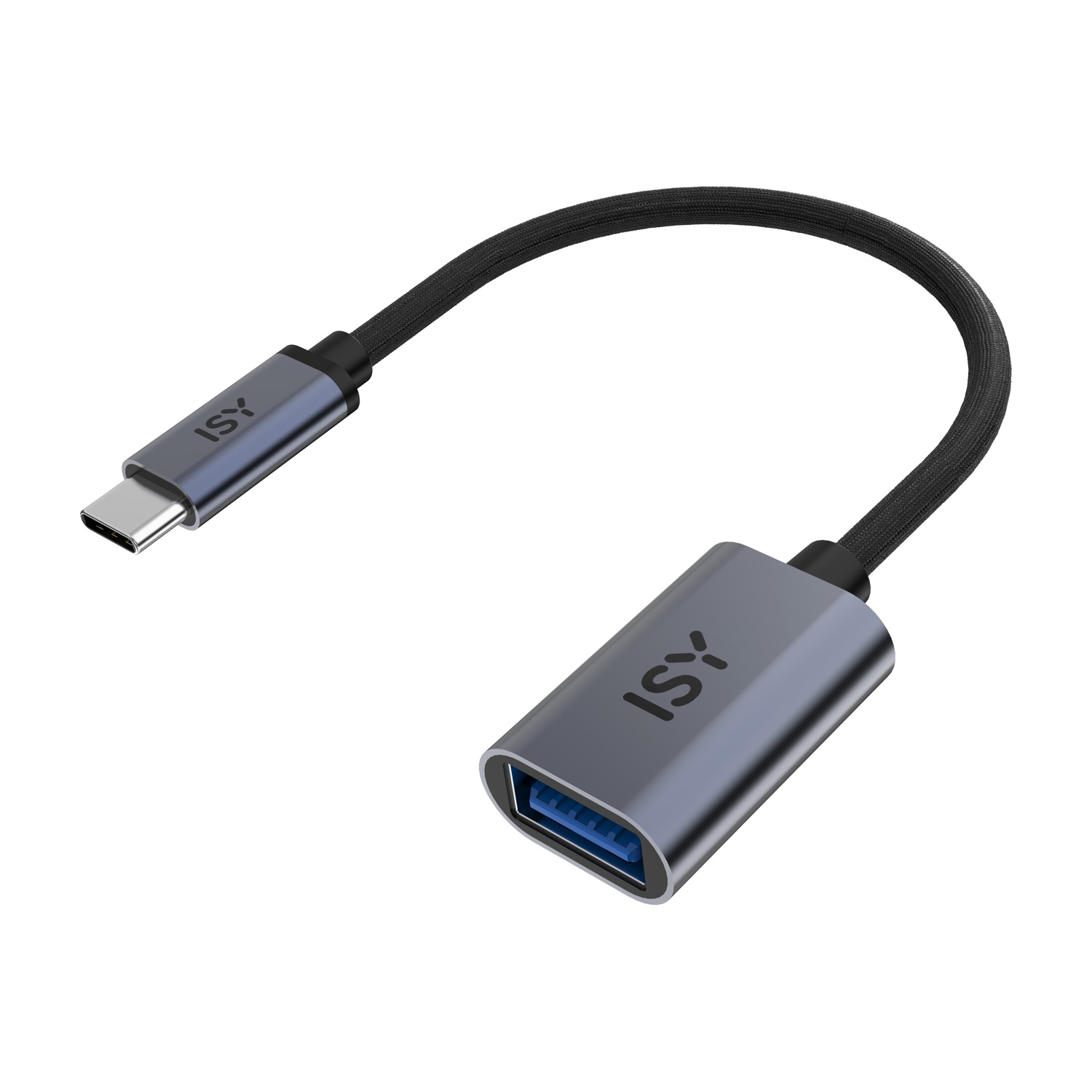 Un cavo adattatore USB-C a USB ISY argentato con un cavo intrecciato nero che collega le due estremità.