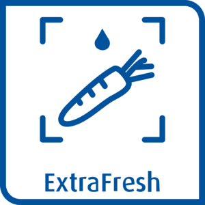Mavi simge: bir kare içinde havuç görüntüsü. Metin: ExtraFresh. Beyaz zemin.