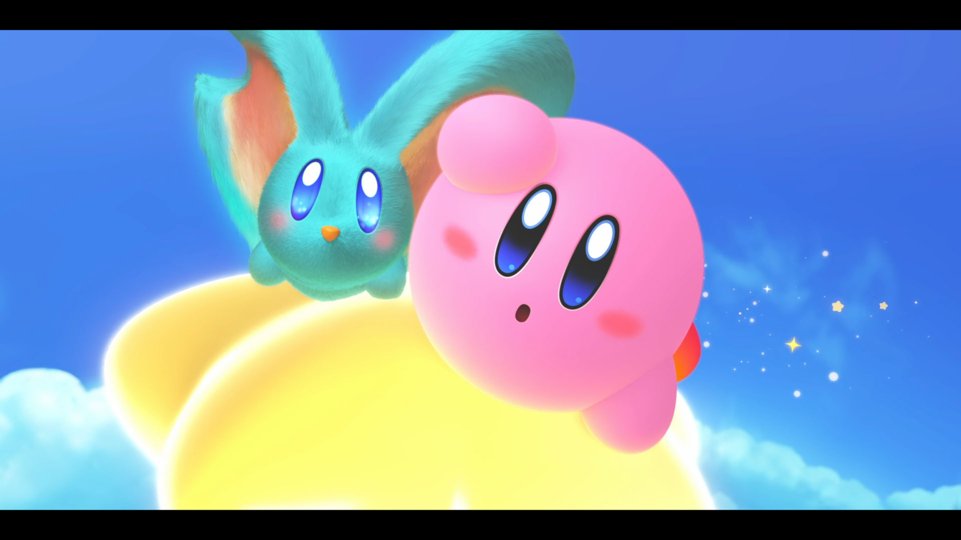 Kirby ve mavi bir yaratık, yıldızlarla dolu mavi bir gökyüzünde uçuyor.