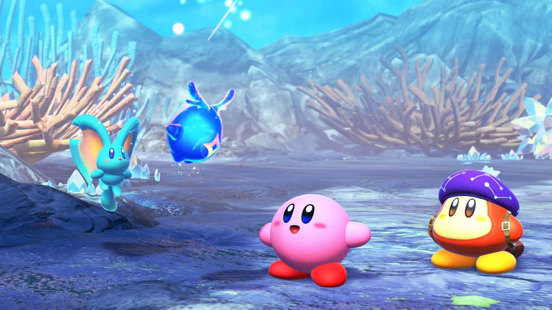 Pembe Kirby, arkadaşlar ve sakin bir sahnede yüzen mavi bir yaratık.