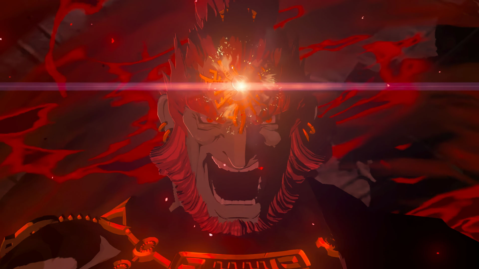 Ganon, kırmızı auralı, parlayan gözlü, ağzı açık bir karakter.