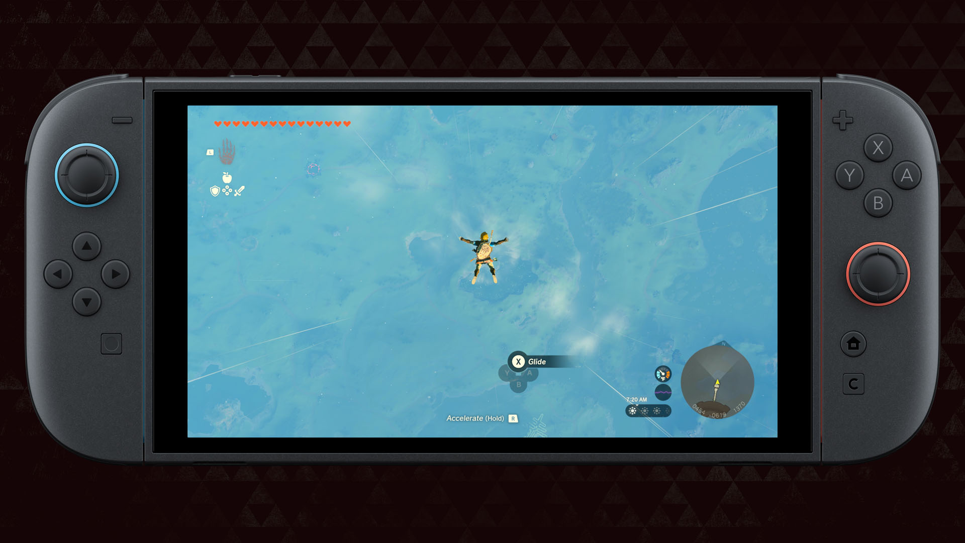 Karanlık bir ortamda, bir karakterin paraşütle atladığı bir video oyunu sahnesini gösteren bir Nintendo Switch.