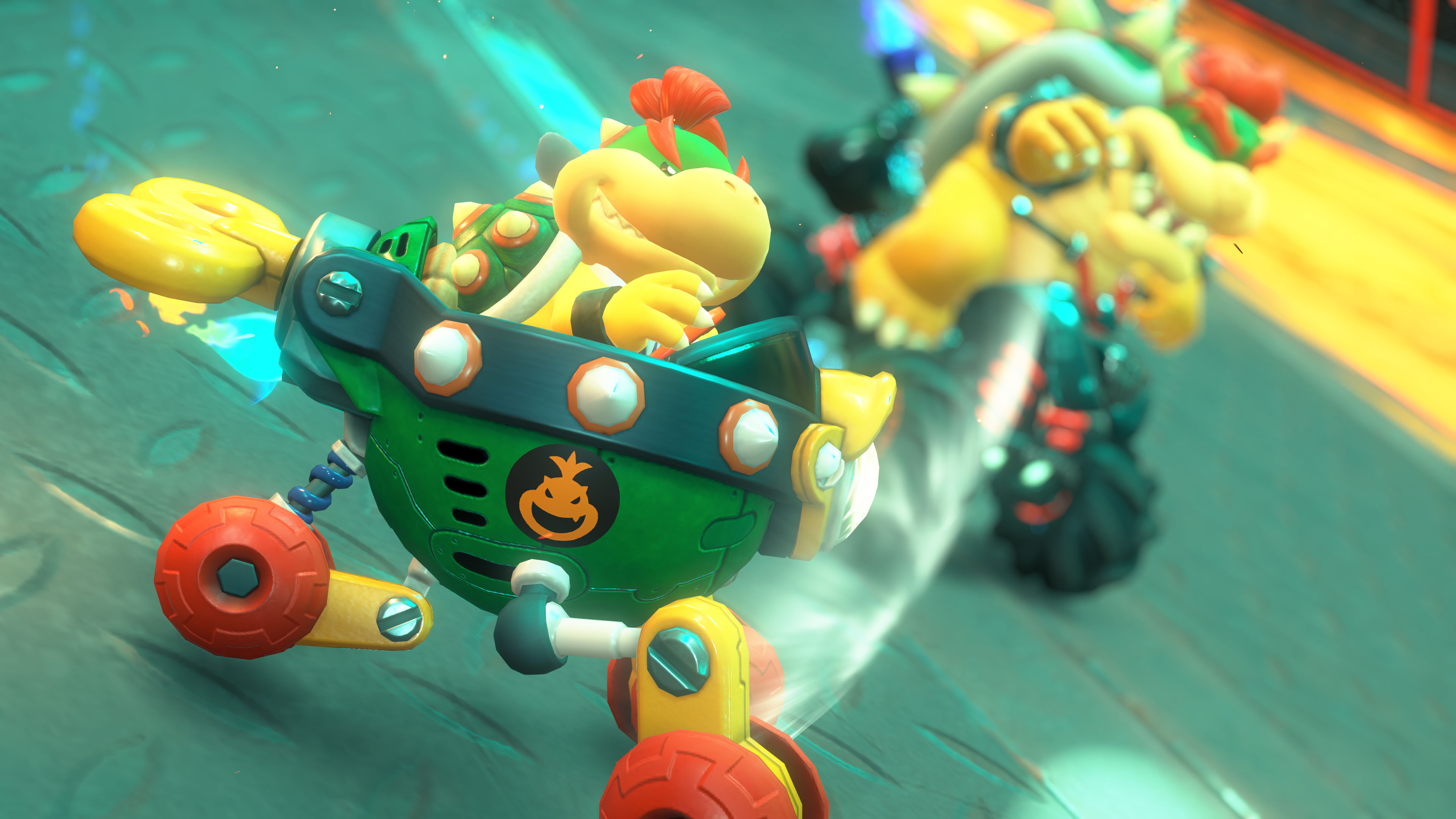 Mario Kart karakterleri, güneşli, çöl arka planlı bir parkurda yarışıyor.
