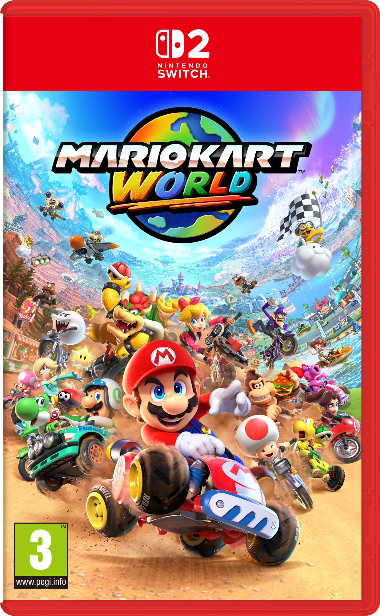 Mario Kart World oyun kutusu. Mario, diğer karakterlerle kart kullanıyor.