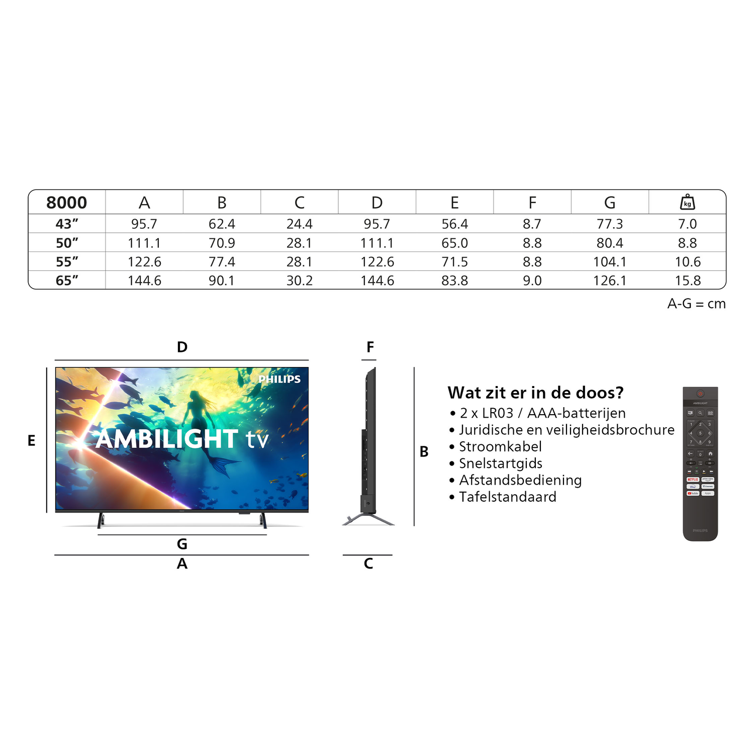 TV screen with dimensions table, remote and TV box contents on white background.