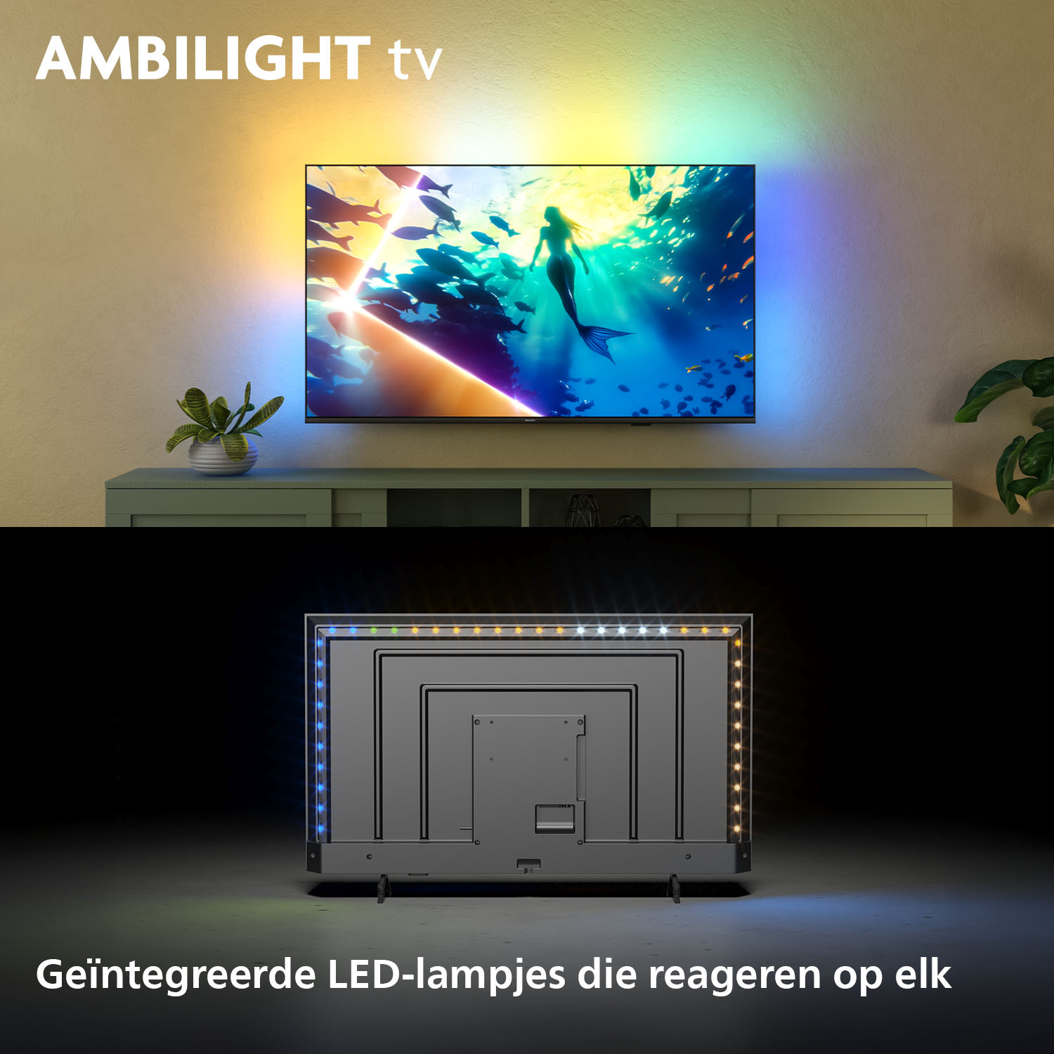 TV with Ambilight showing a scene. The back of the TV with integrated LED lights is also shown.