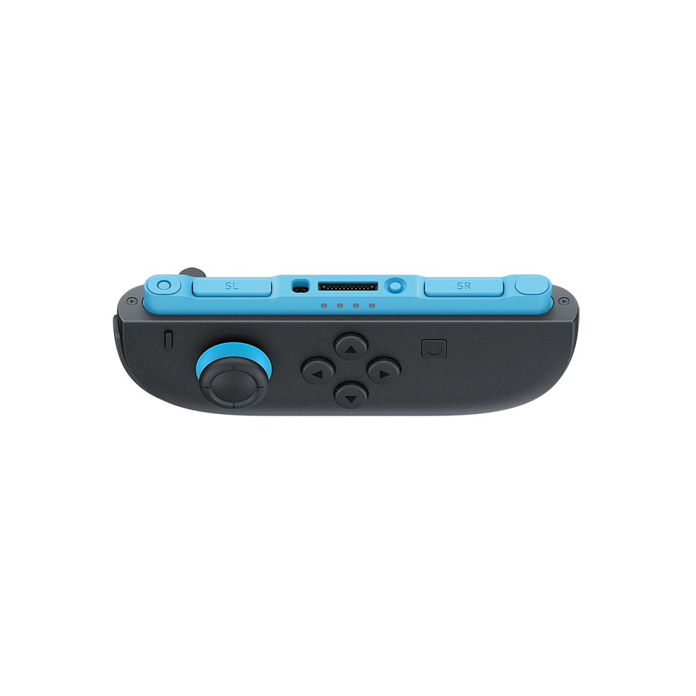 Mavi ve gri bir kontrolcü. Düğmeleri, bir joystick'i ve bir D-pad'i var.