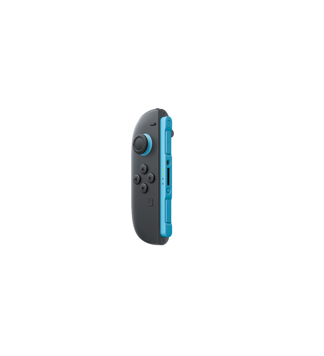 Gri ve mavi bir Nintendo Switch Joy-Con kontrolcüsünün yan görünümü.