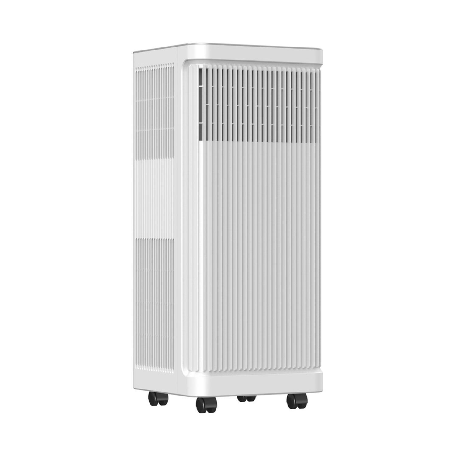 Un purificatore d'aria bianco su sfondo bianco. Ha linee verticali e piccole ruote.