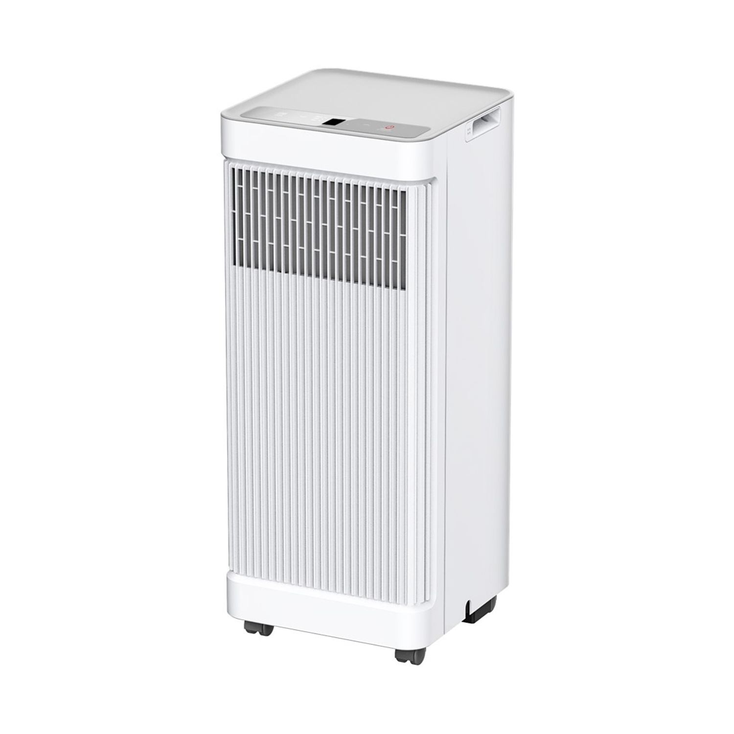 Purificatore d'aria bianco con design rettangolare, linee verticali e display in alto. Ha ruote e una griglia.