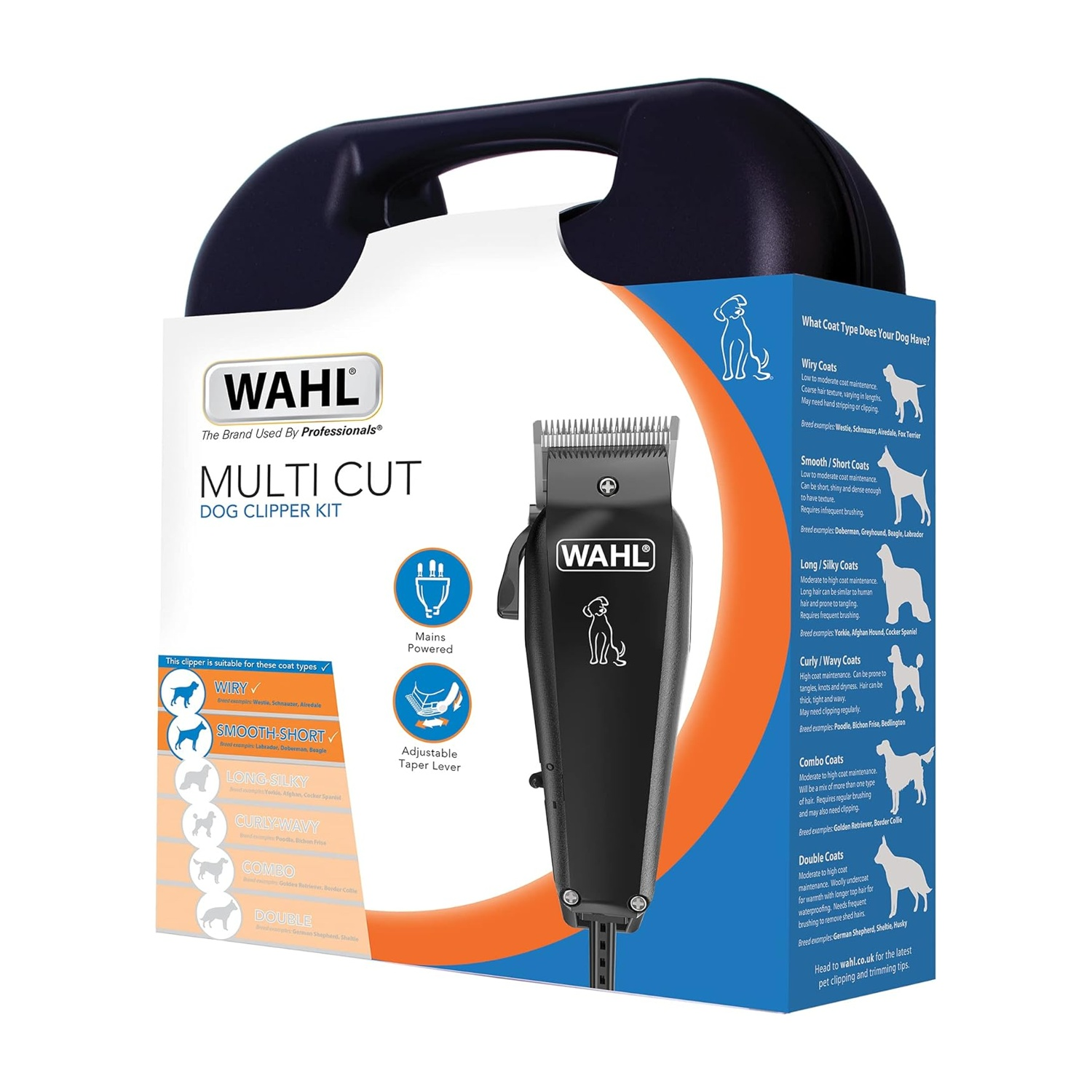 Kit tosatrici per cani Wahl Multi Cut con icone e informazioni sui tipi di pelo. Alimentazione di rete, leva affusolata regolabile, logo Wahl.