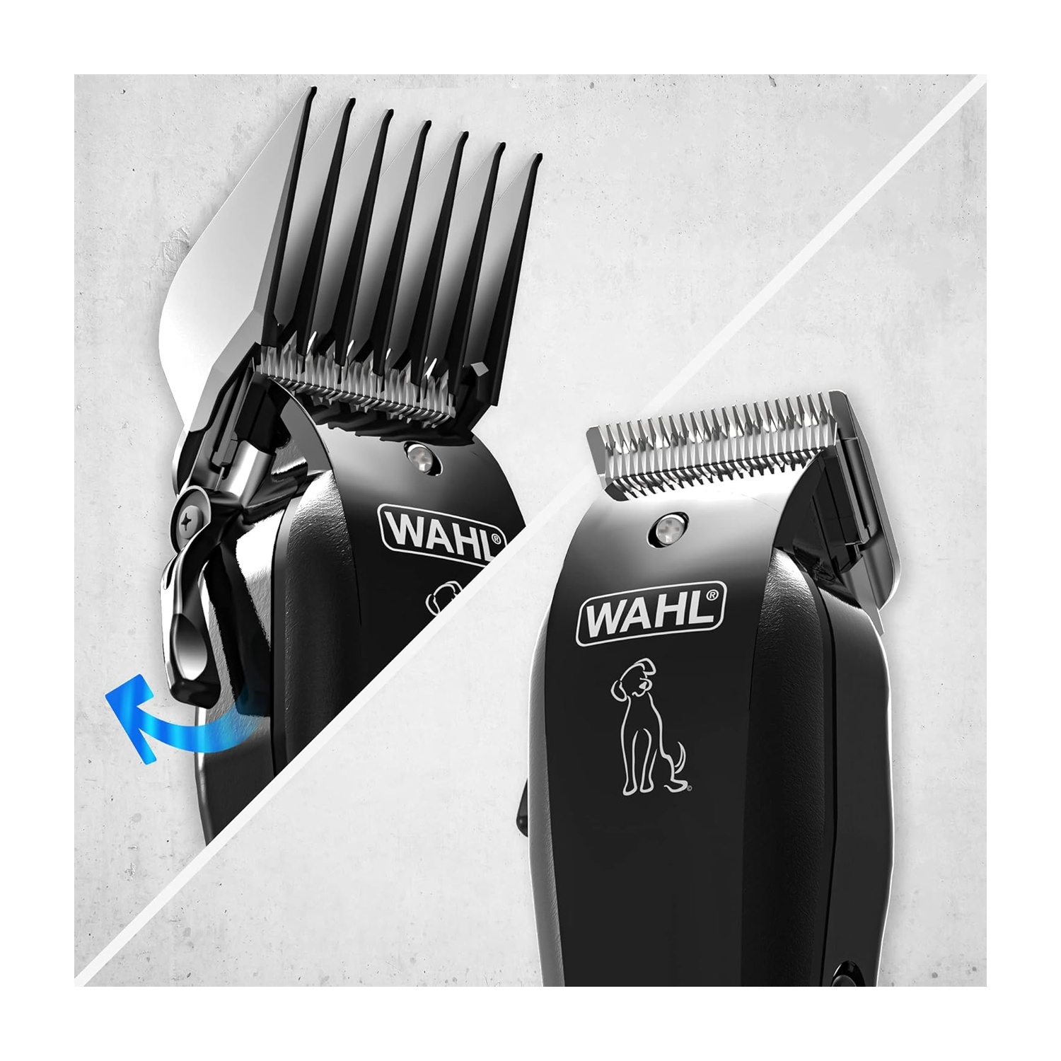 Primo piano di un tagliacapelli Wahl nero per animali con la lama aperta e chiusa, con un logo.