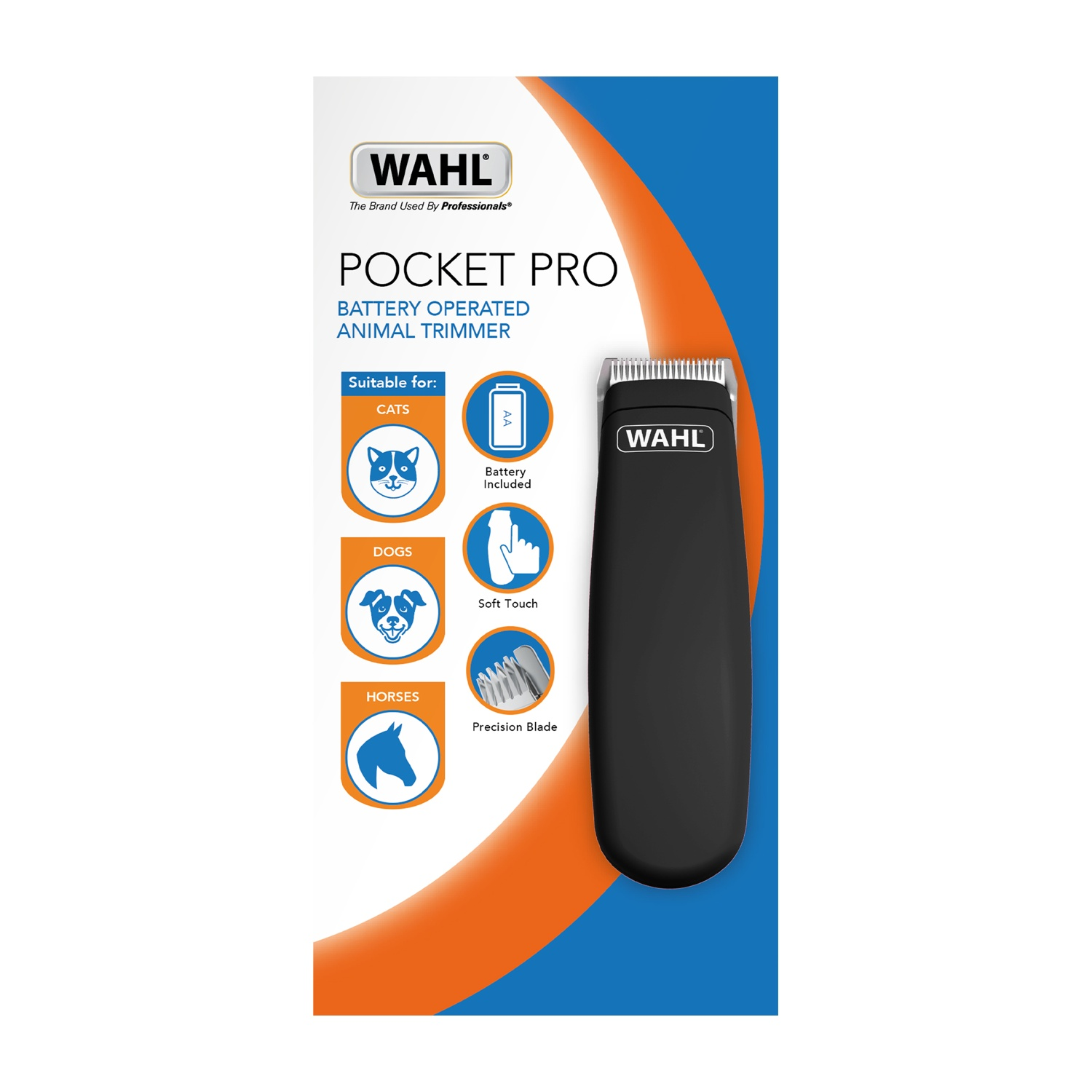 Confezione del trimmer Wahl Pocket Pro per animali. Illustrazioni e testo.