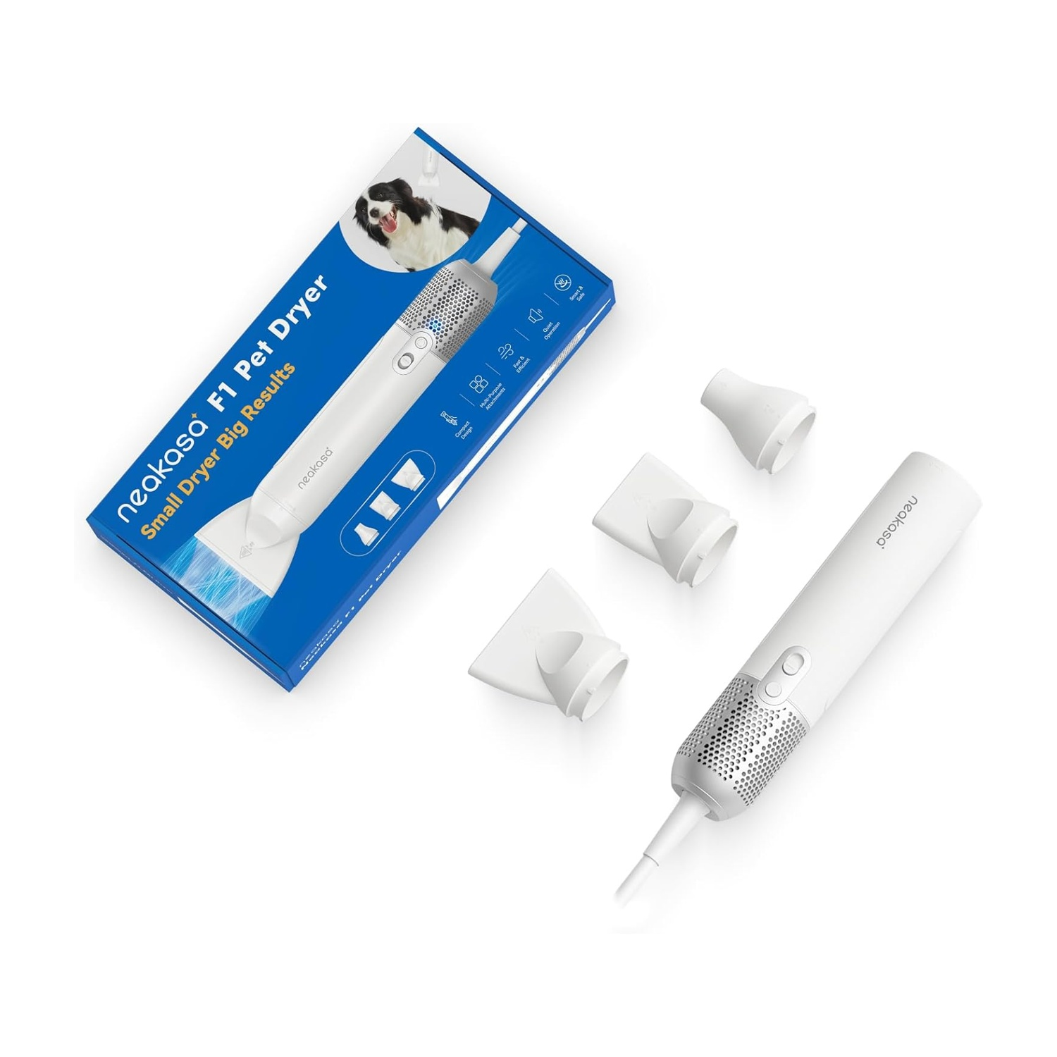 Asciugacapelli per animali domestici e accessori. Testo: 'neakasa F1 Pet Dryer'. Scatola, asciugacapelli e diverse testine.