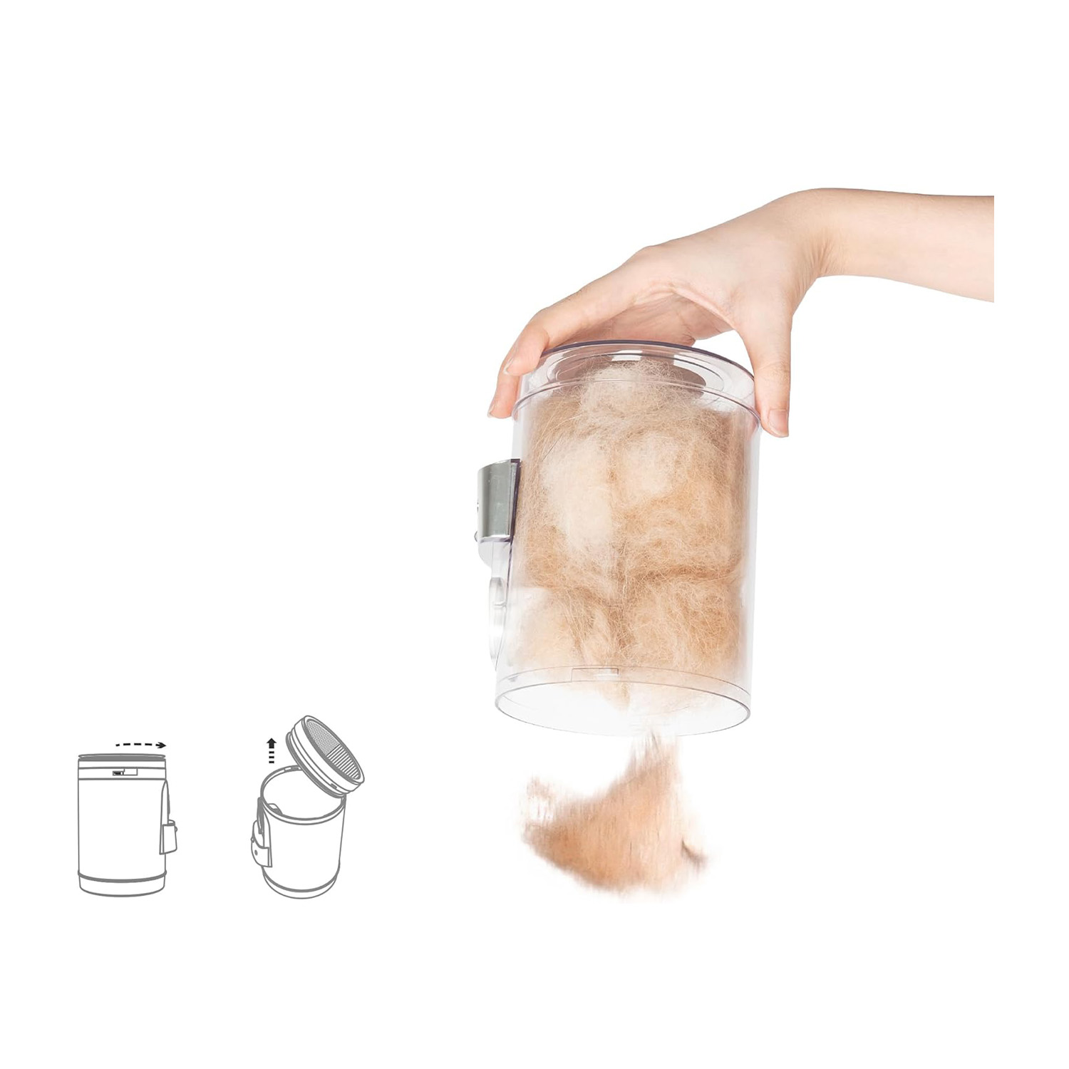 Un contenitore trasparente pieno di peli di animali domestici viene svuotato. Due diagrammi mostrano il processo.