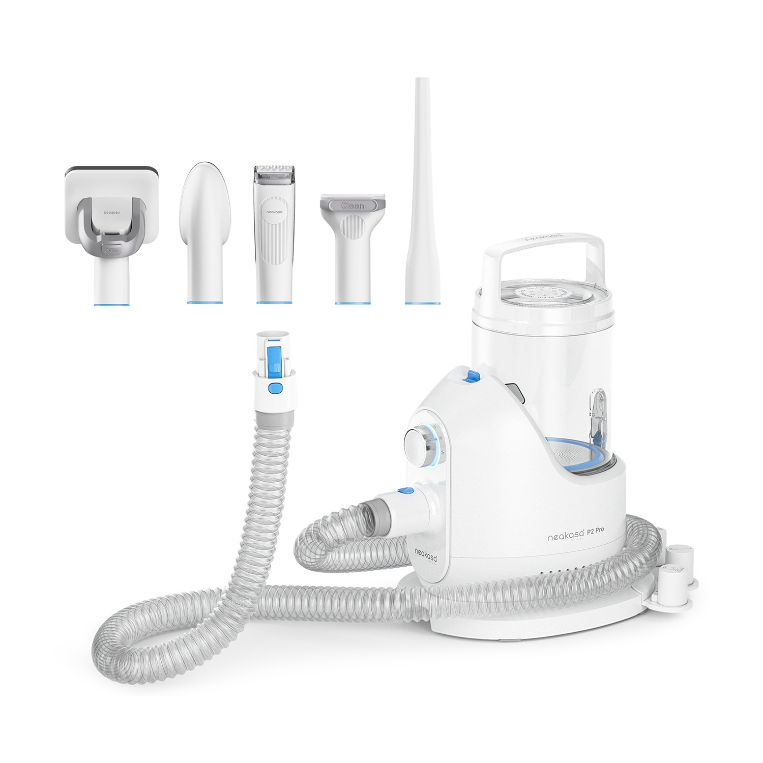 Dispositivo bianco per la toelettatura degli animali domestici con accessori multipli. Include un tubo flessibile e varie testine di toelettatura.