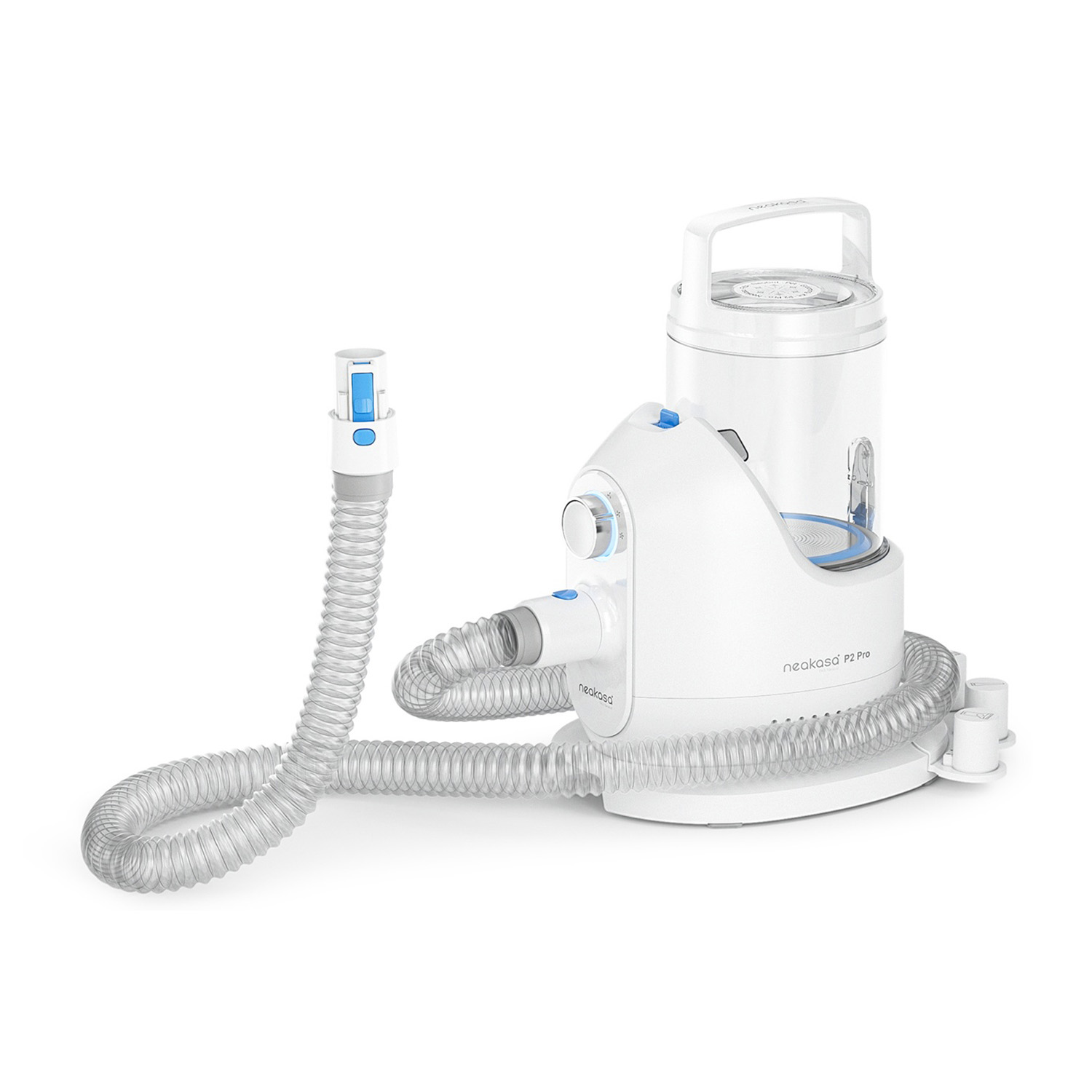 Dispositivo bianco per la toelettatura degli animali domestici con un tubo flessibile e comandi. Ha una maniglia e accessori multipli.