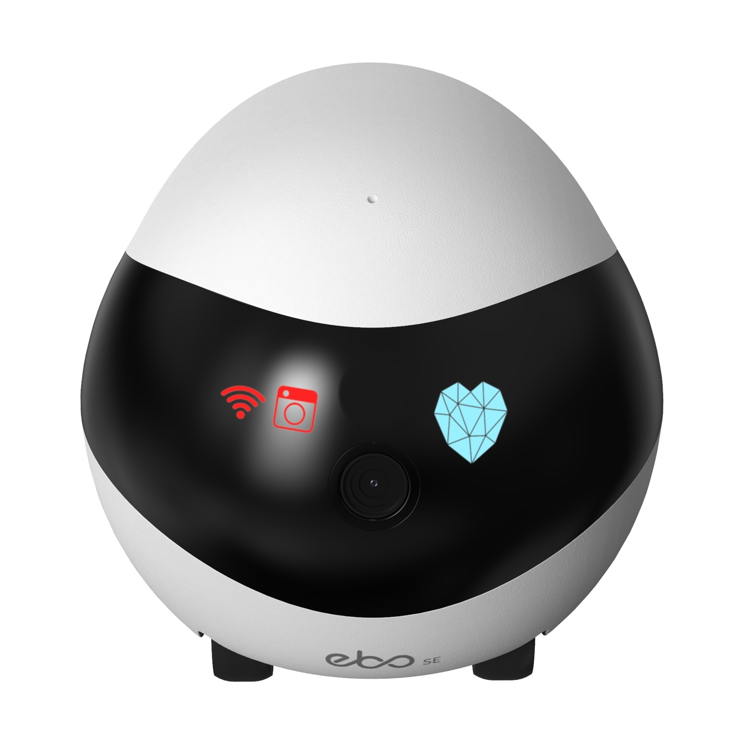 Giocattolo robot bianco e nero con fotocamera, icona a cuore e segnale wifi. Vista frontale, forma a uovo.