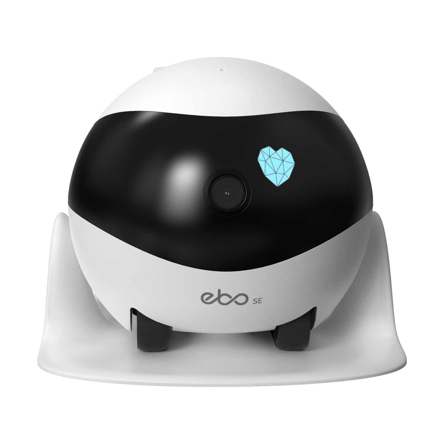 Giocattolo robot bianco e nero con fotocamera, icona a cuore e segnale wifi. Posizionato su un supporto bianco.