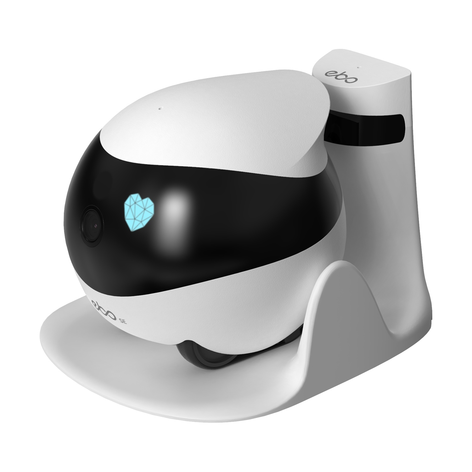Giocattolo robot bianco e nero su un supporto bianco. Sono visibili una fotocamera e un'icona a cuore.