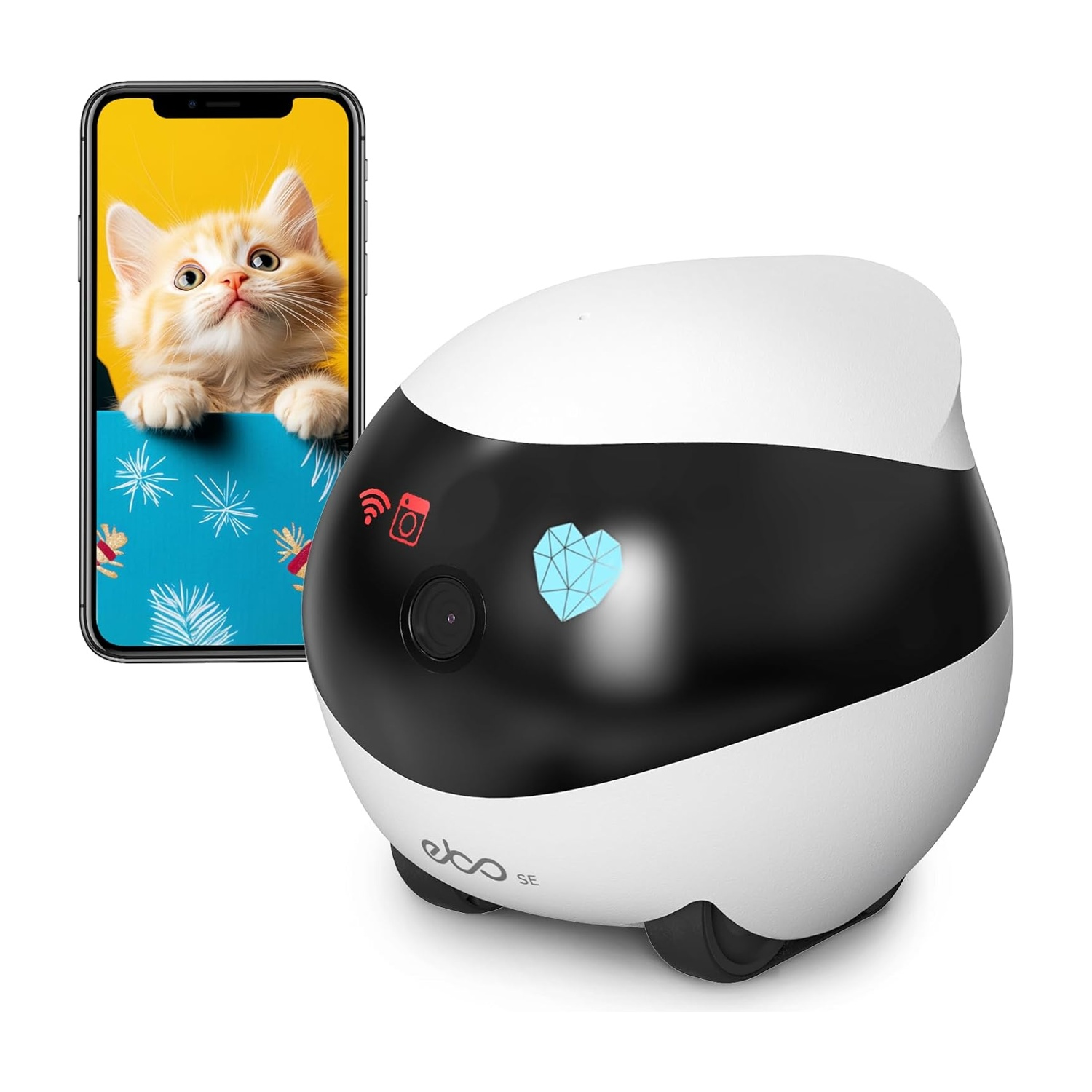 Robot giocattolo per animali domestici accanto a un telefono con immagine di gattino, sfondo bianco.